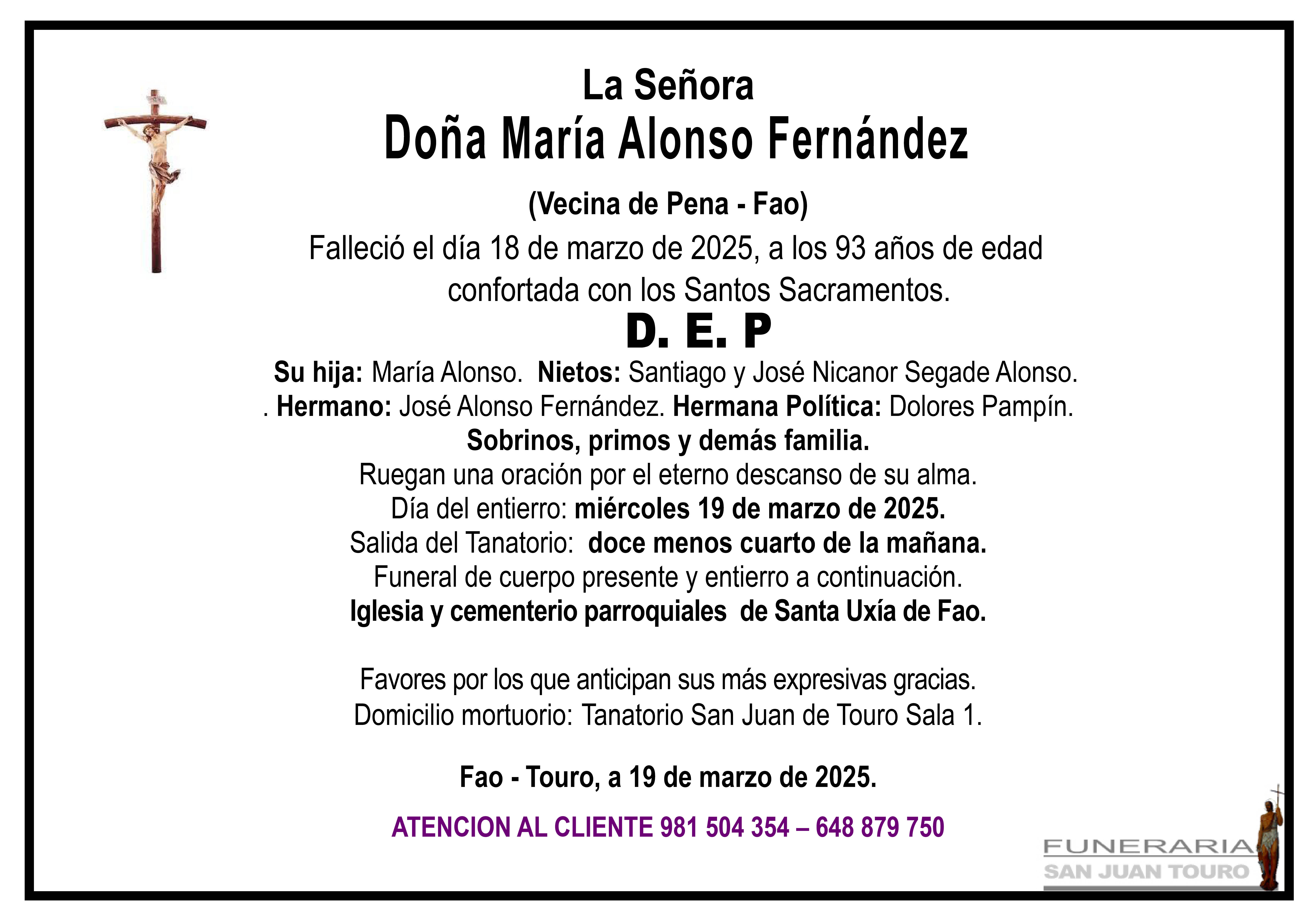 Esquela de SEPELIO  DE DOÑA MARÍA ALONSO FERNÁNDEZ