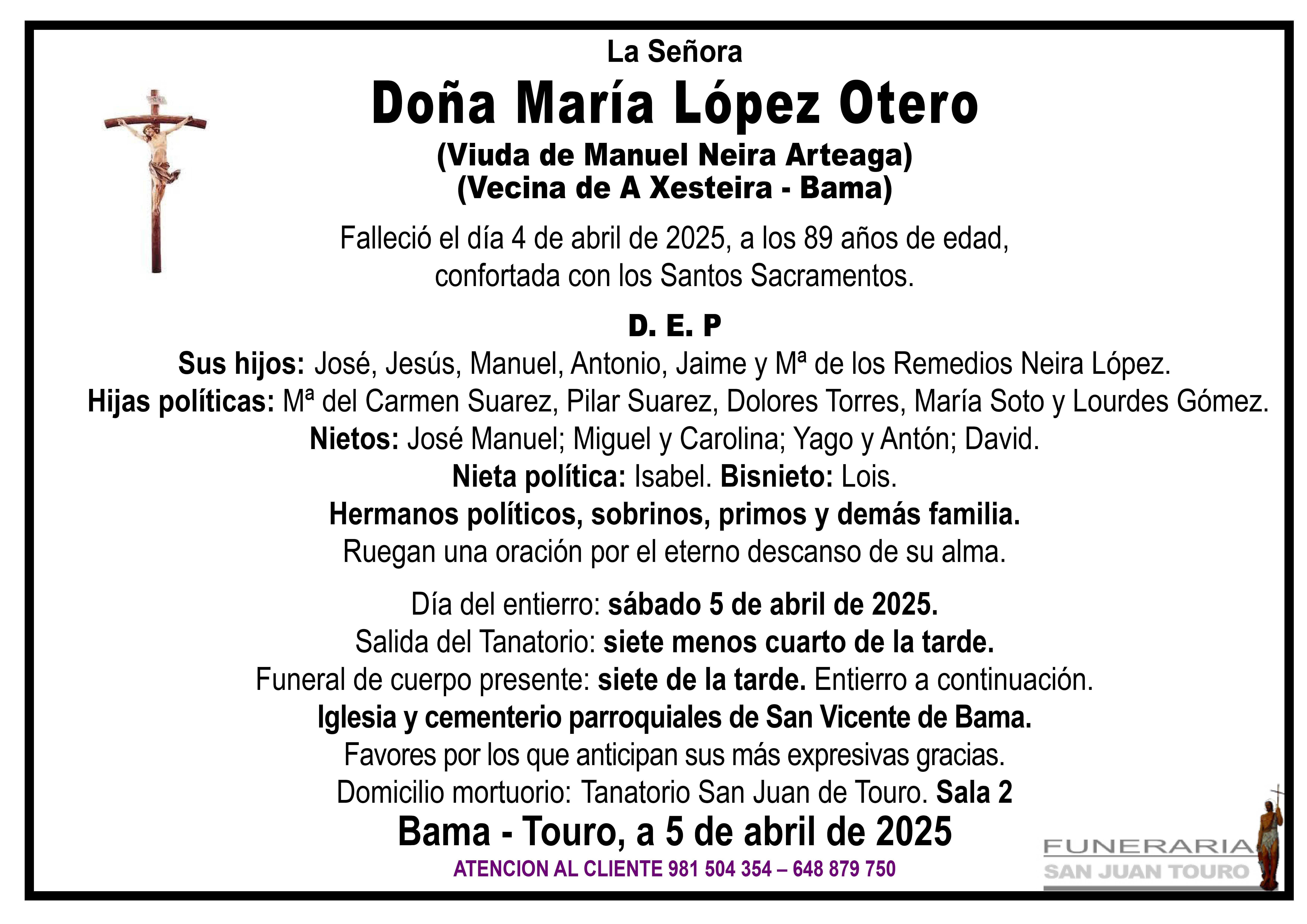 Esquela de SEPELIO DE DOÑA MARÍA LÓPEZ OTERO