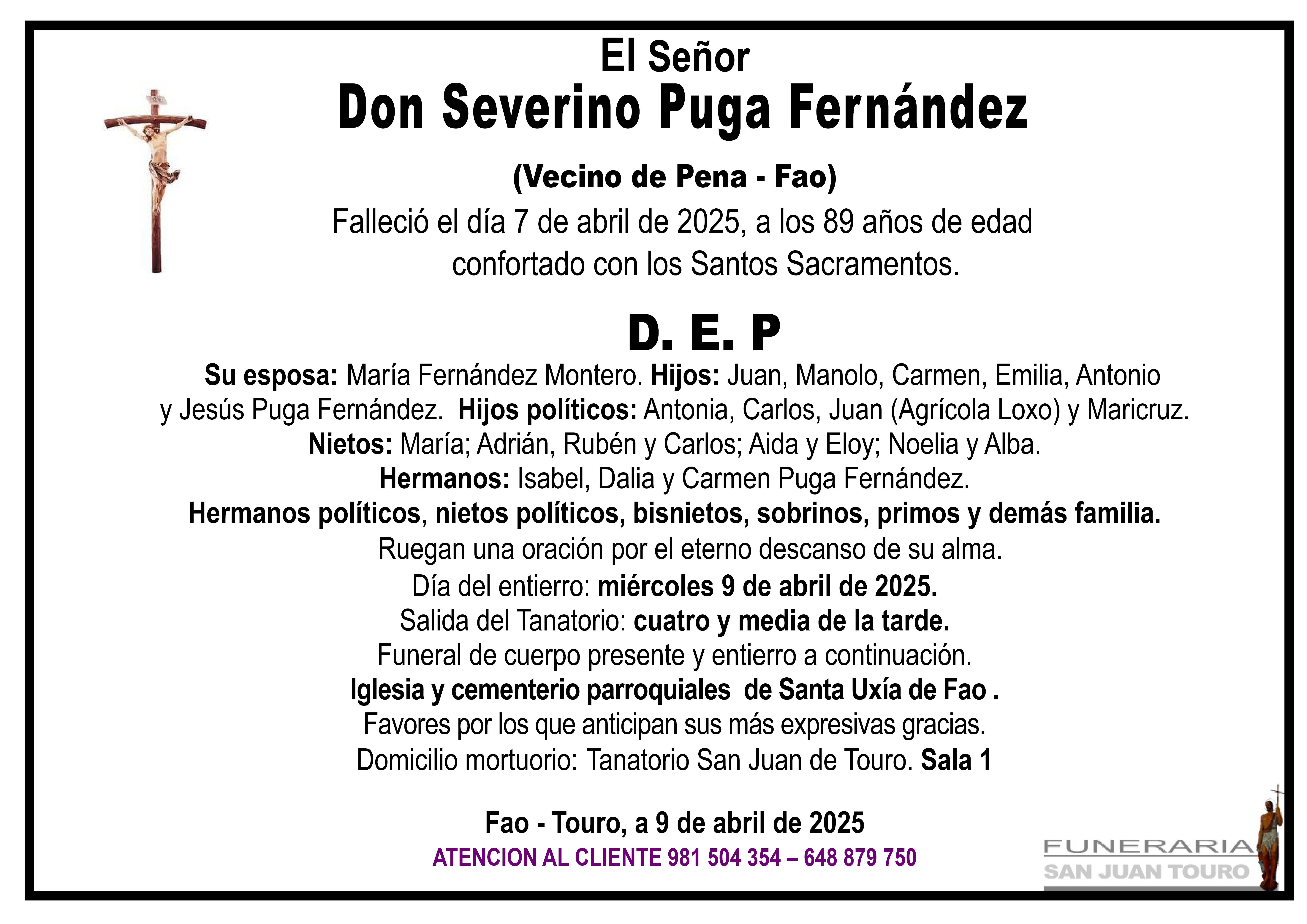 Esquela de SEPELIO DE DON SEVERINO PUGA FERNÁNDEZ