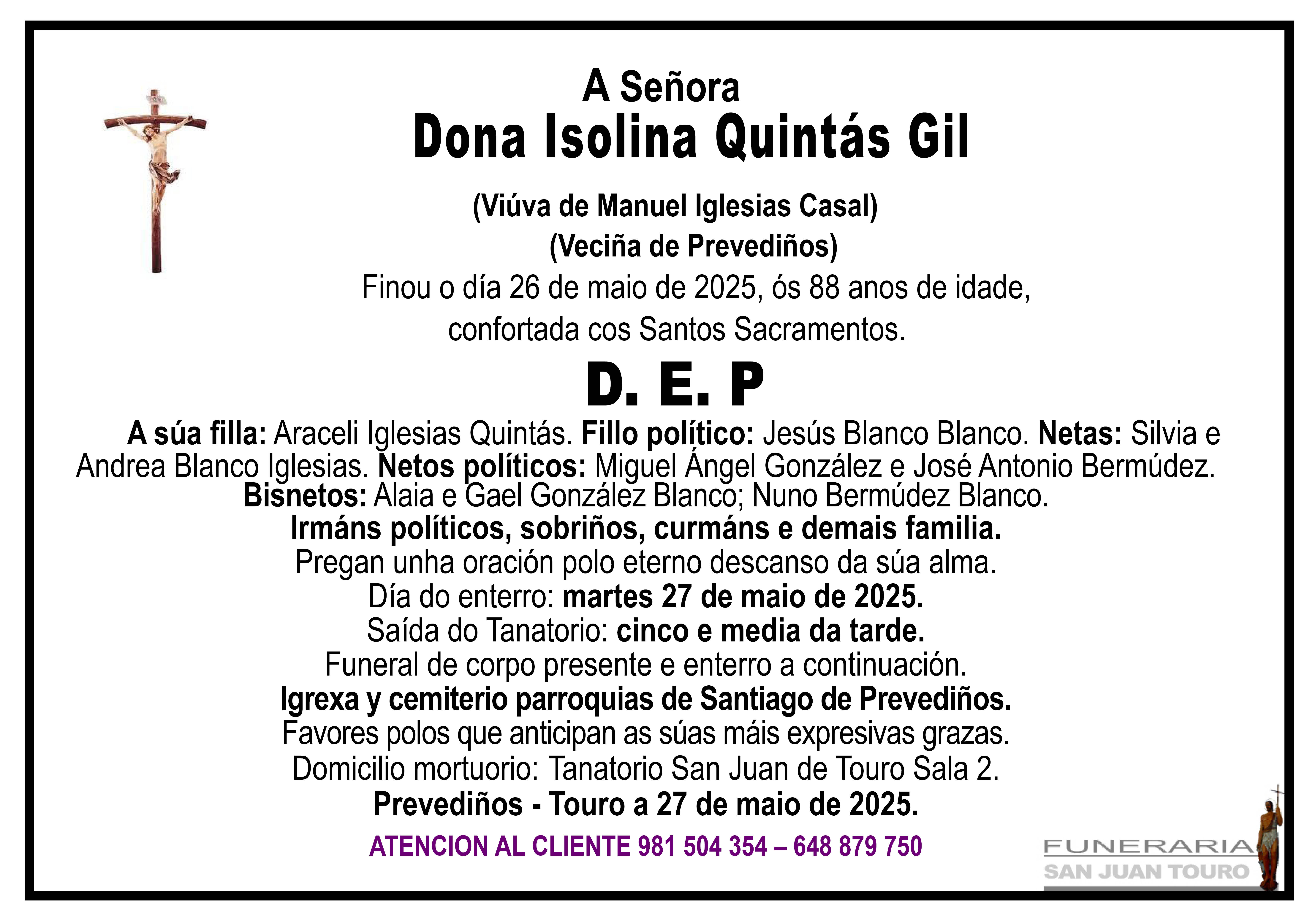 Esquela de SEPELIO DE DOÑA ISOLINA QUINTÁS GIL