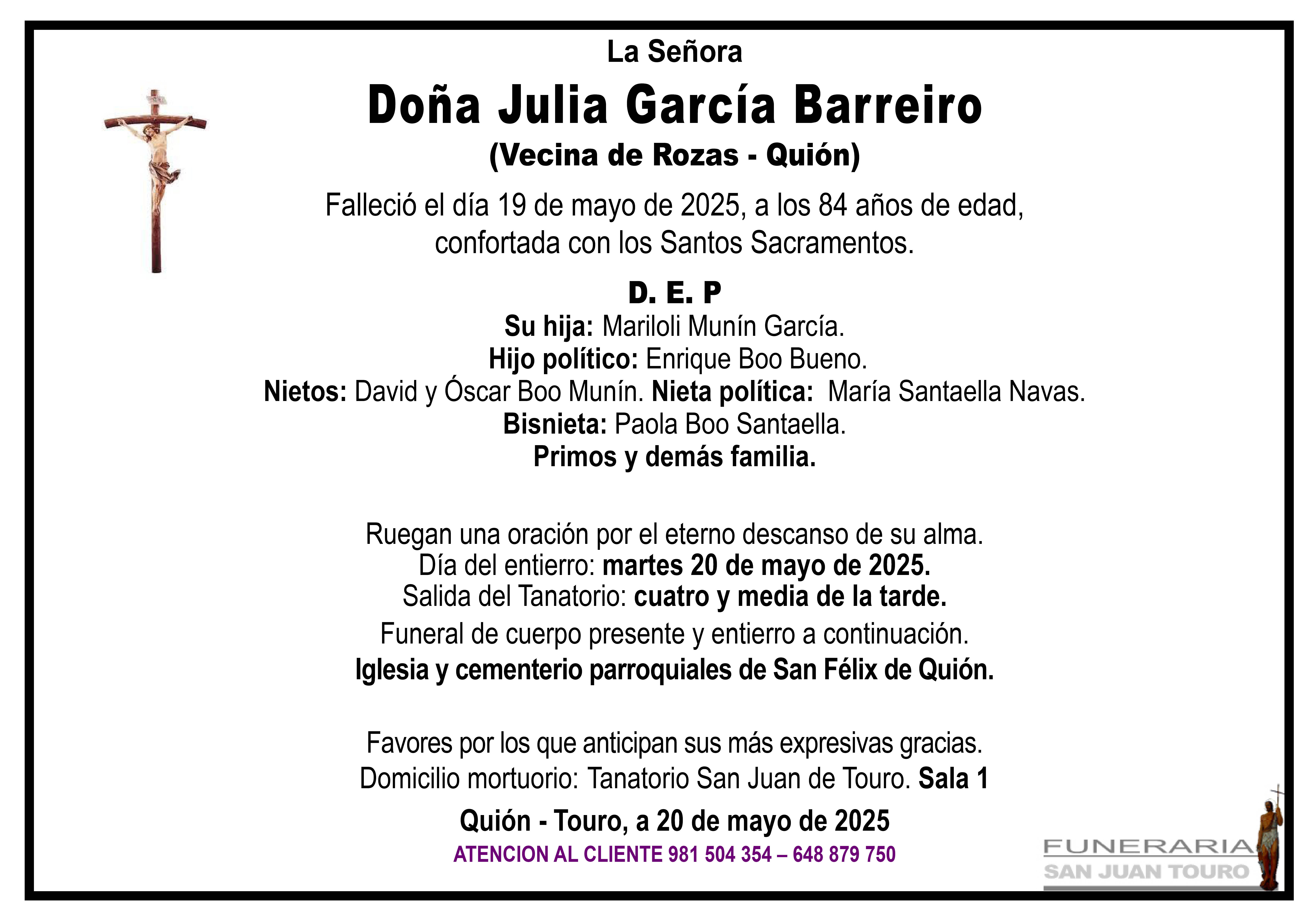 Esquela de SEPELIO DE DOÑA JULIA GARCÍA BARREIRO