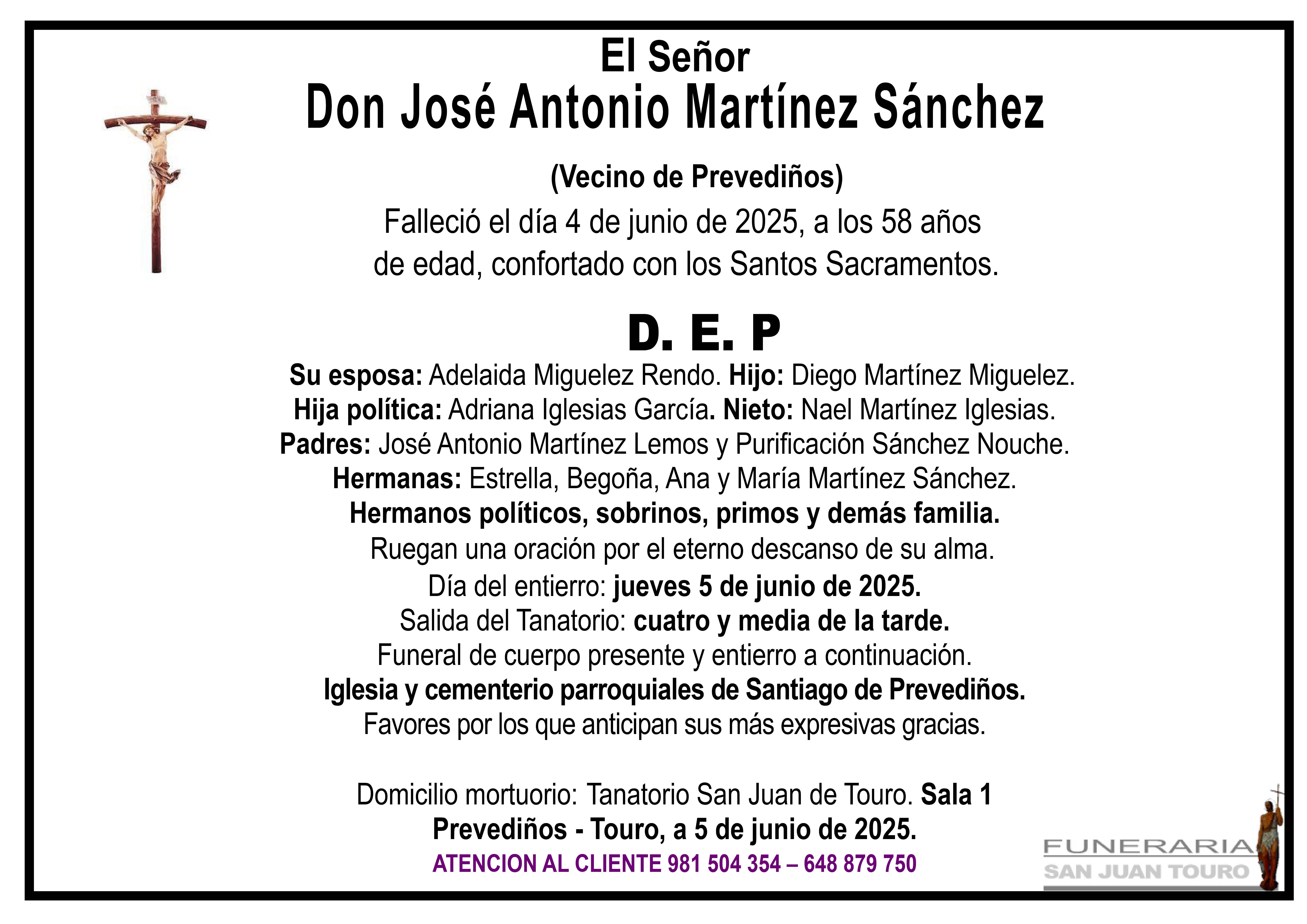 Esquela de SEPELIO DE DON JOSÉ ANTONIO MARTÍNEZ SÁNCHEZ