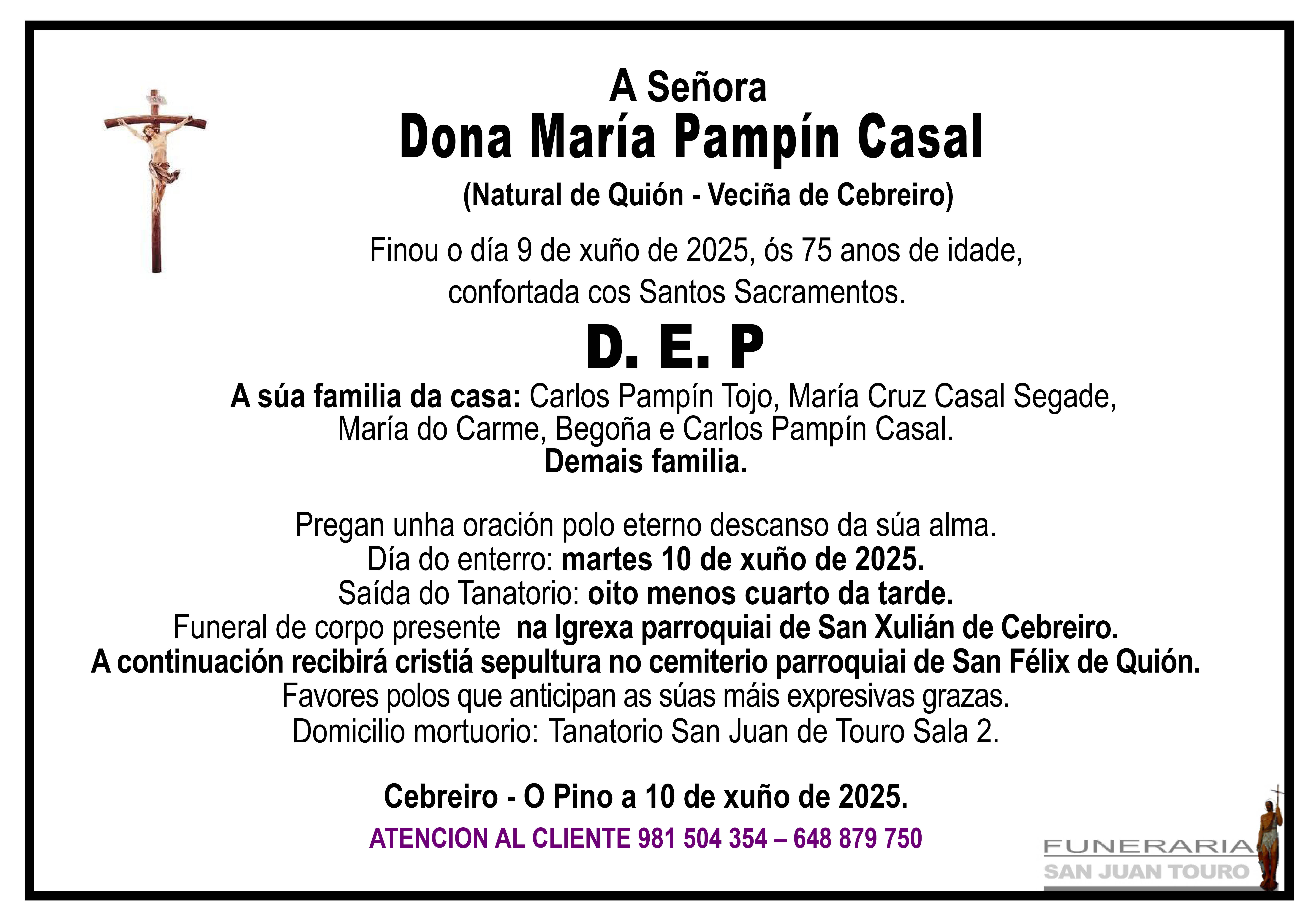 Esquela de SEPELIO DE DONA MARÍA PAMPÍN CASAL