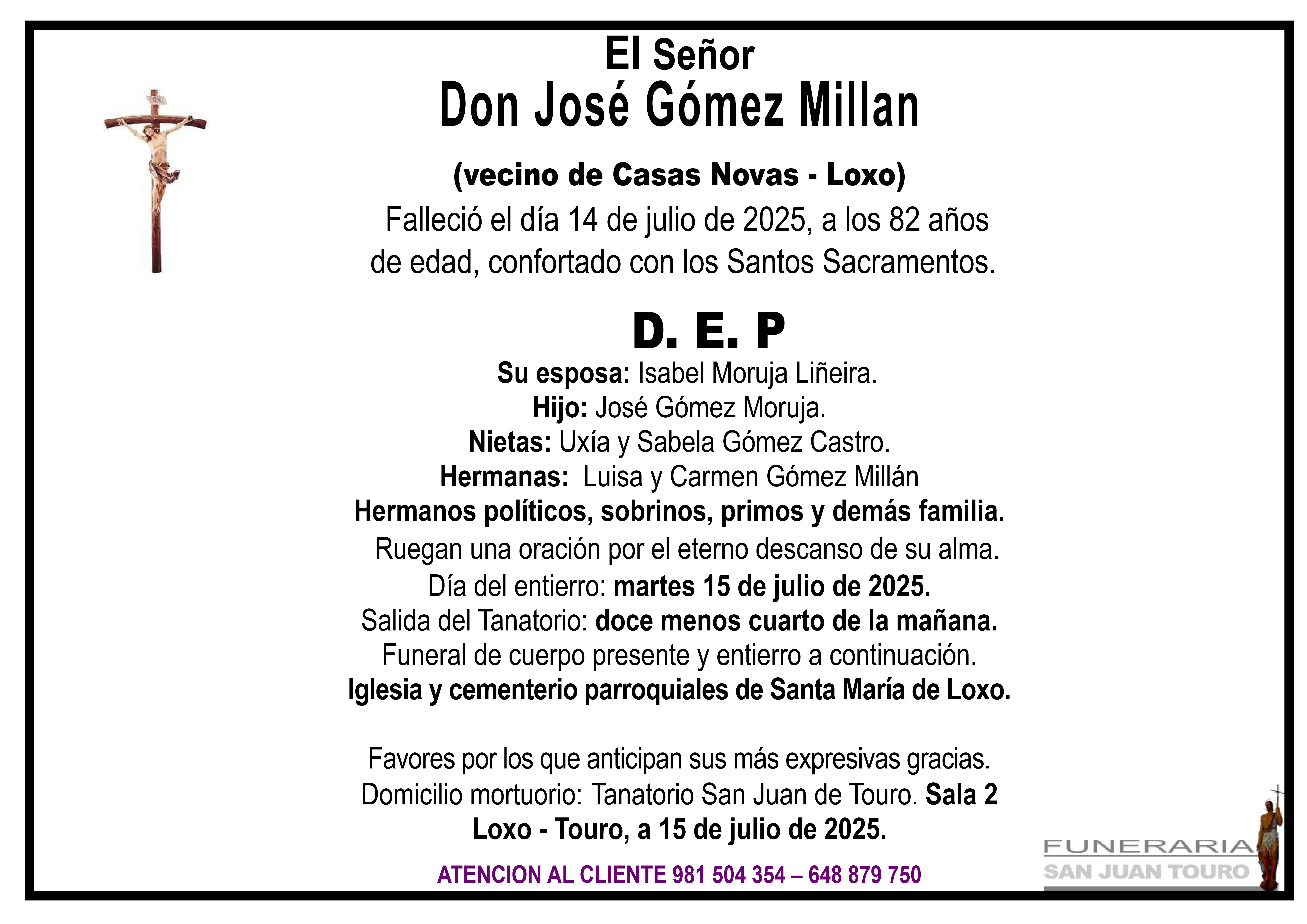 Esquela de SEPELIO DE DON JOSÉ GÓMEZ MILLÁN