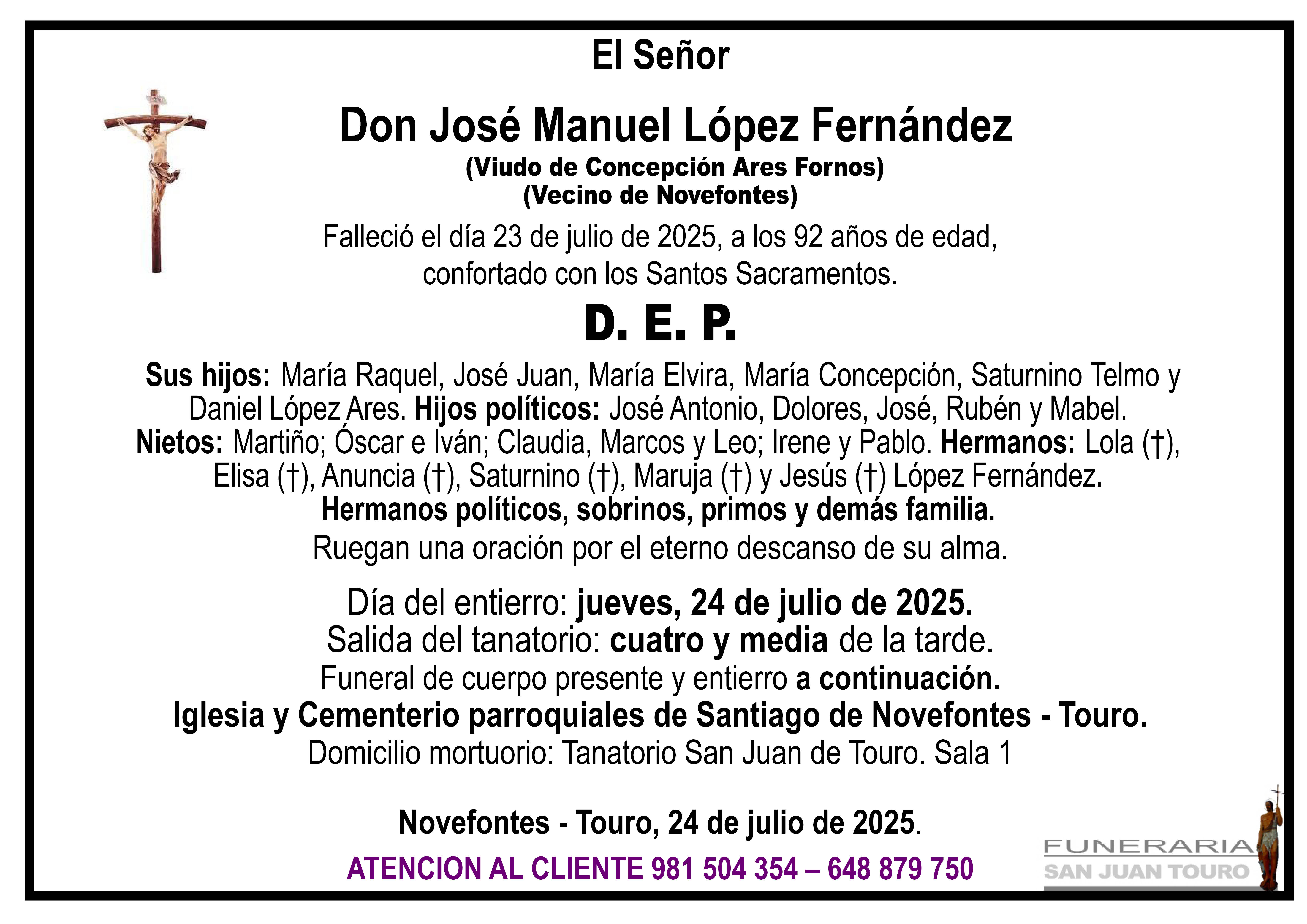 Esquela de SEPELIO DE DON JOSÉ MANUEL LÓPEZ FERNÁNDEZ