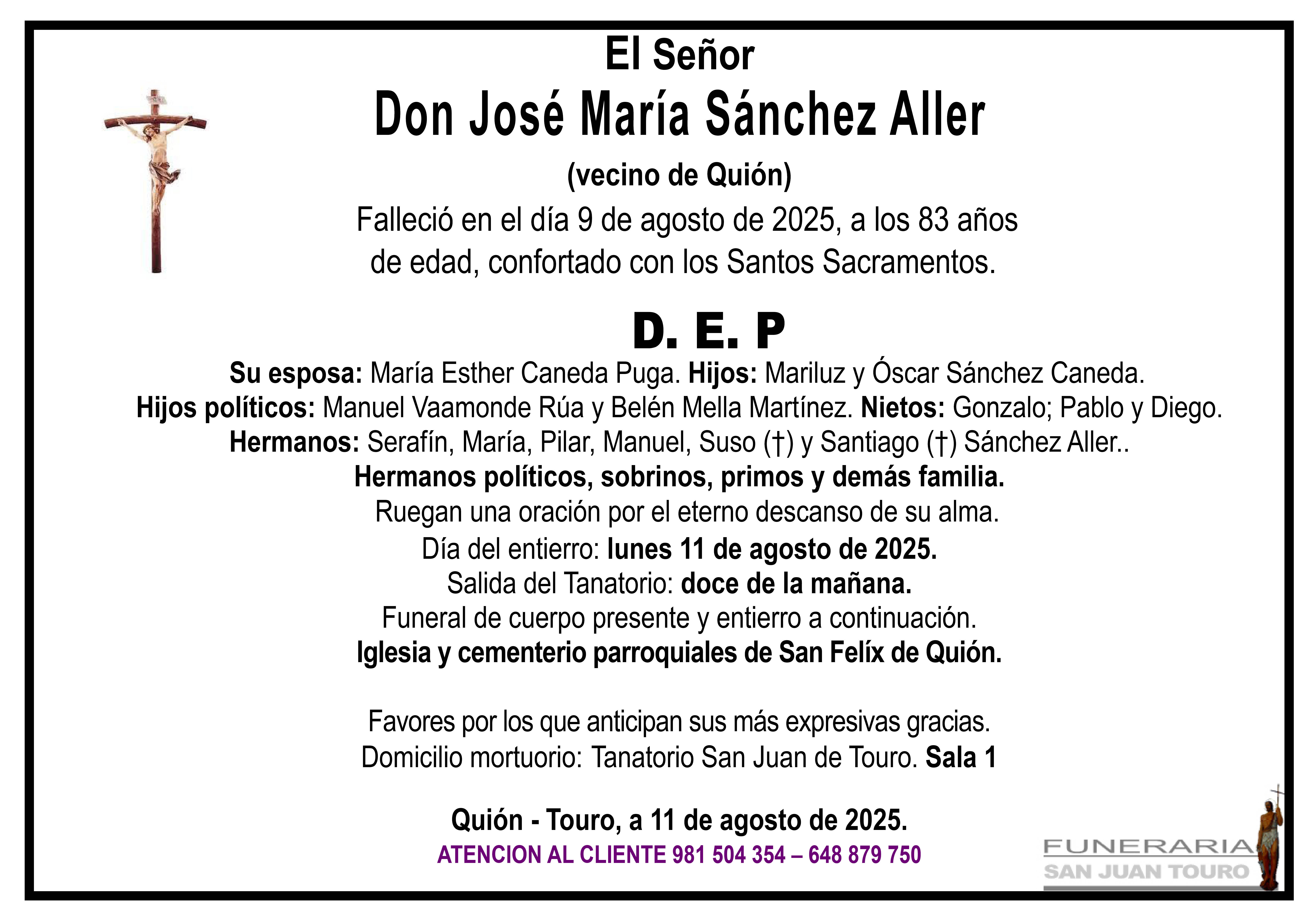 Esquela de SEPELIO DE DON JOSÉ MARÍA SÁNCHEZ ALLER