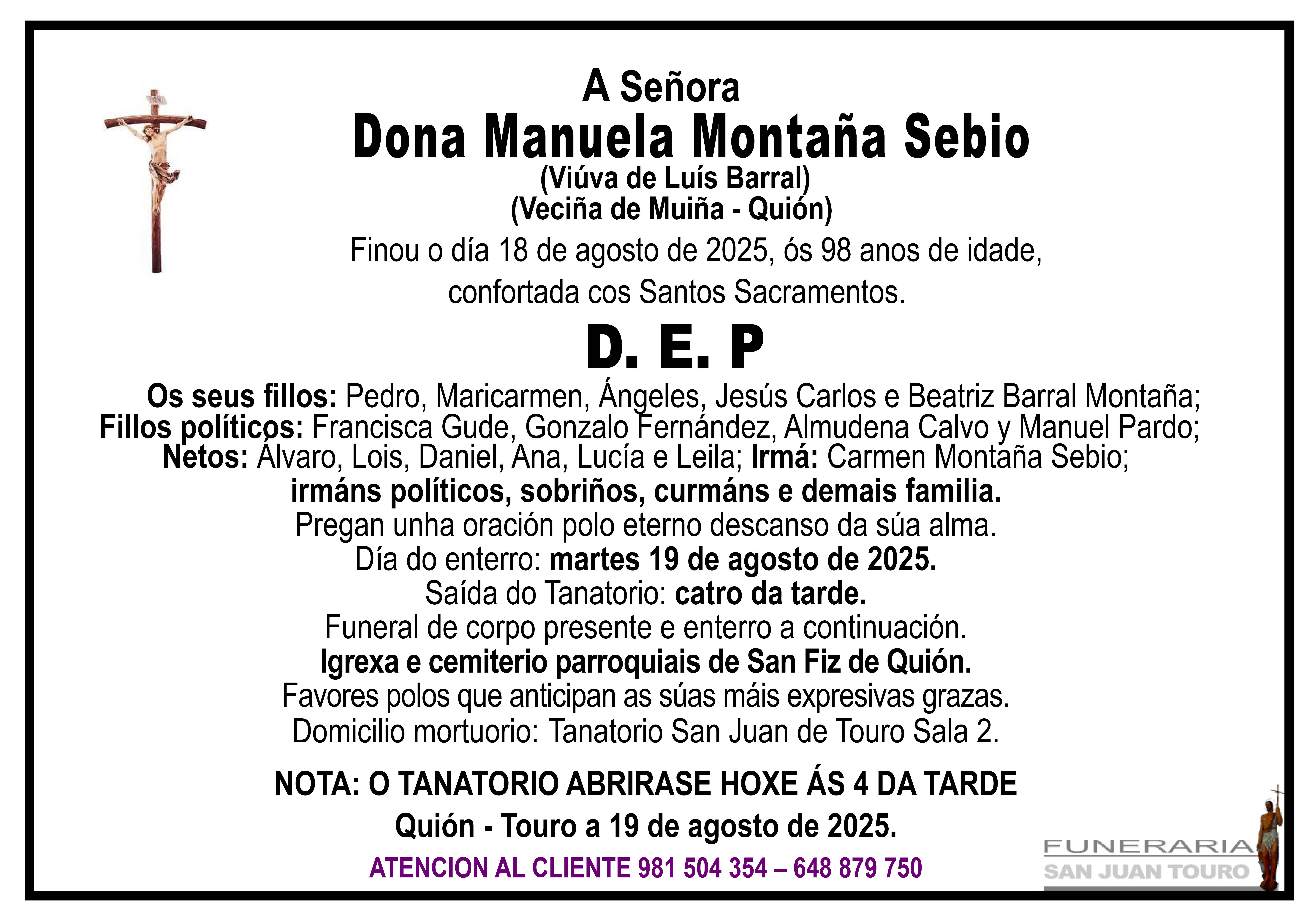Esquela de SEPELIO DE DONA MANUELA MONTAÑA SEBIO