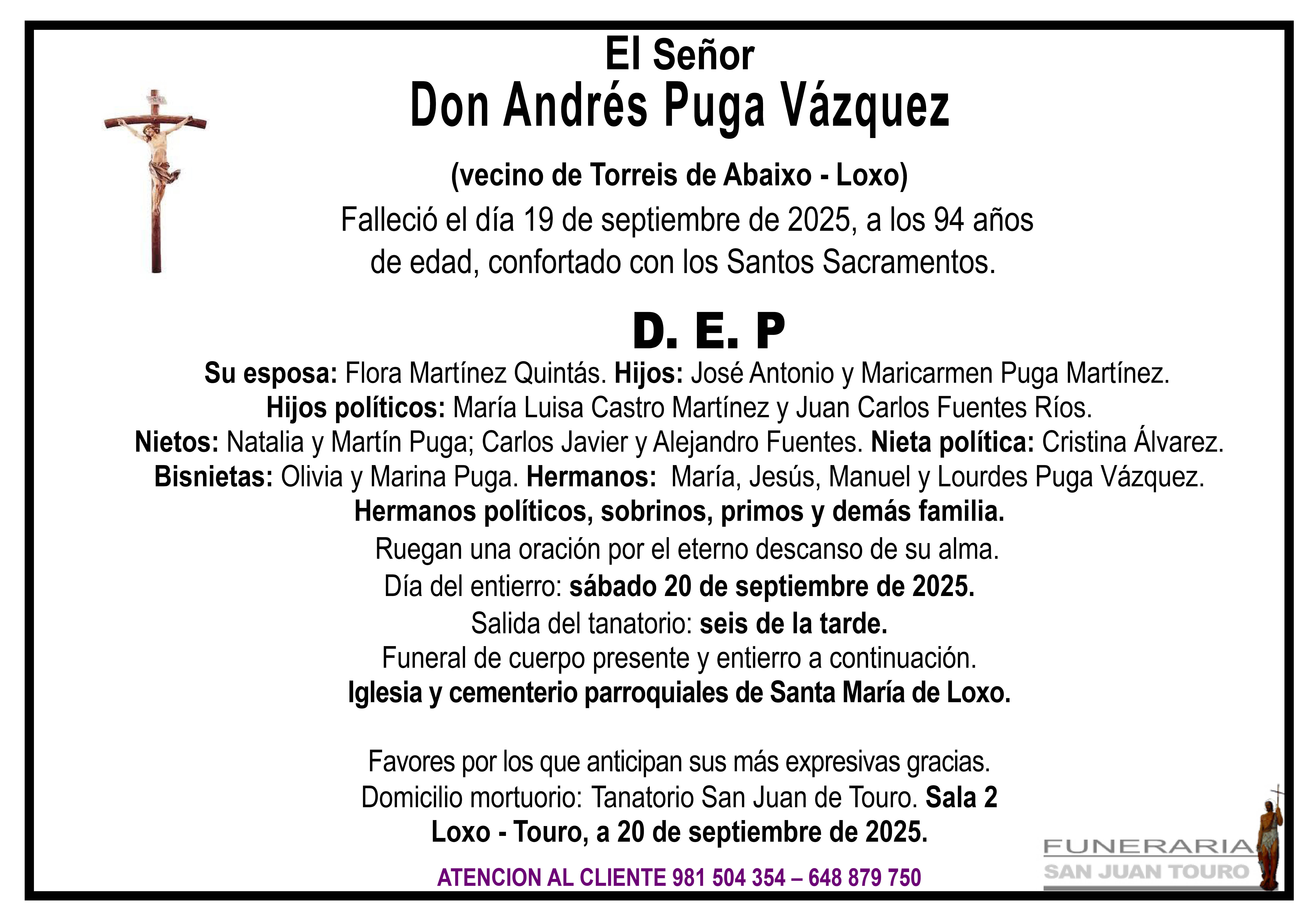 Esquela de SEPELIO DE DON ANDRÉS PUGA VÁZQUEZ