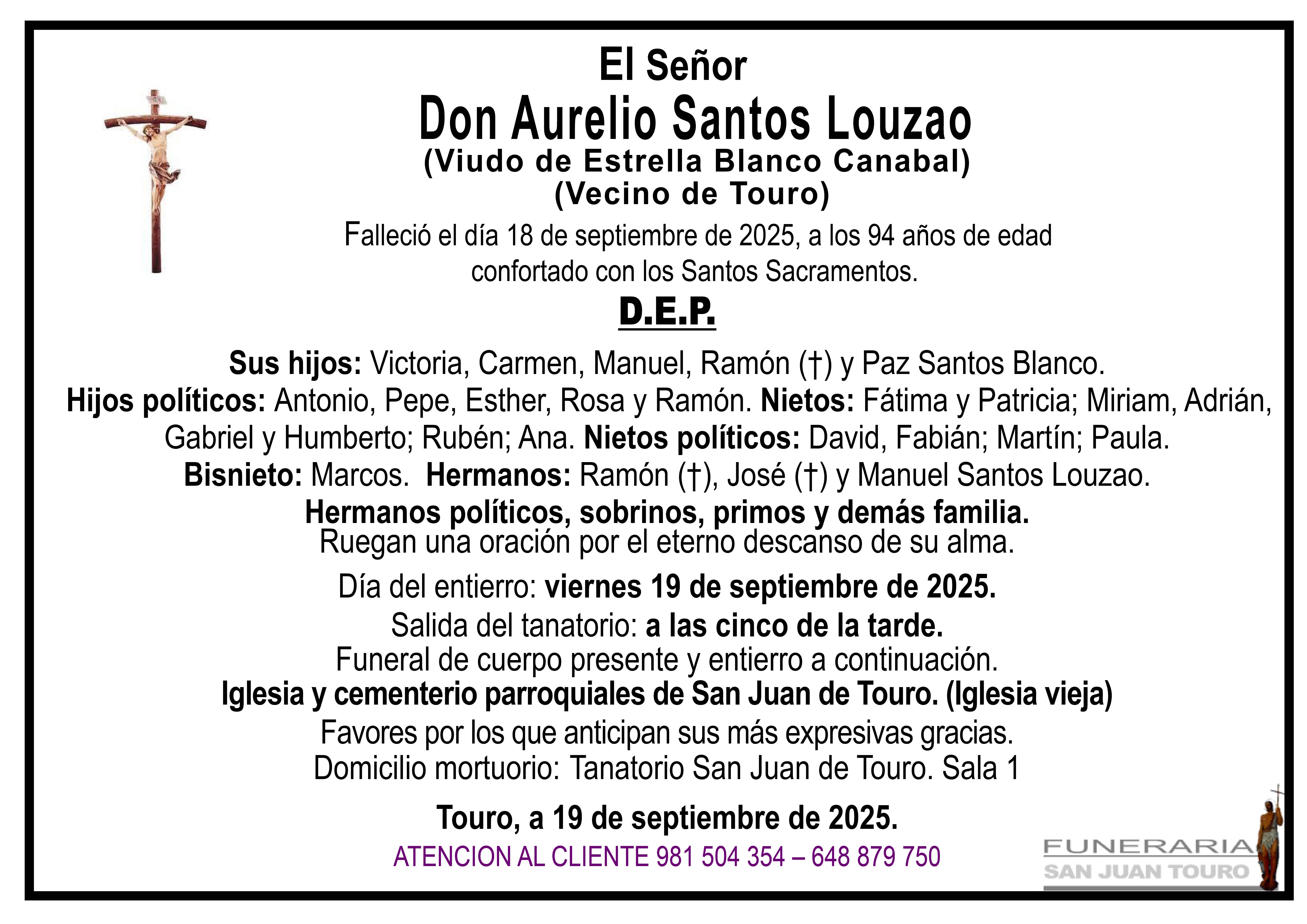 Esquela de SEPELIO DE DON AURELIO SANTOS LOUZAO