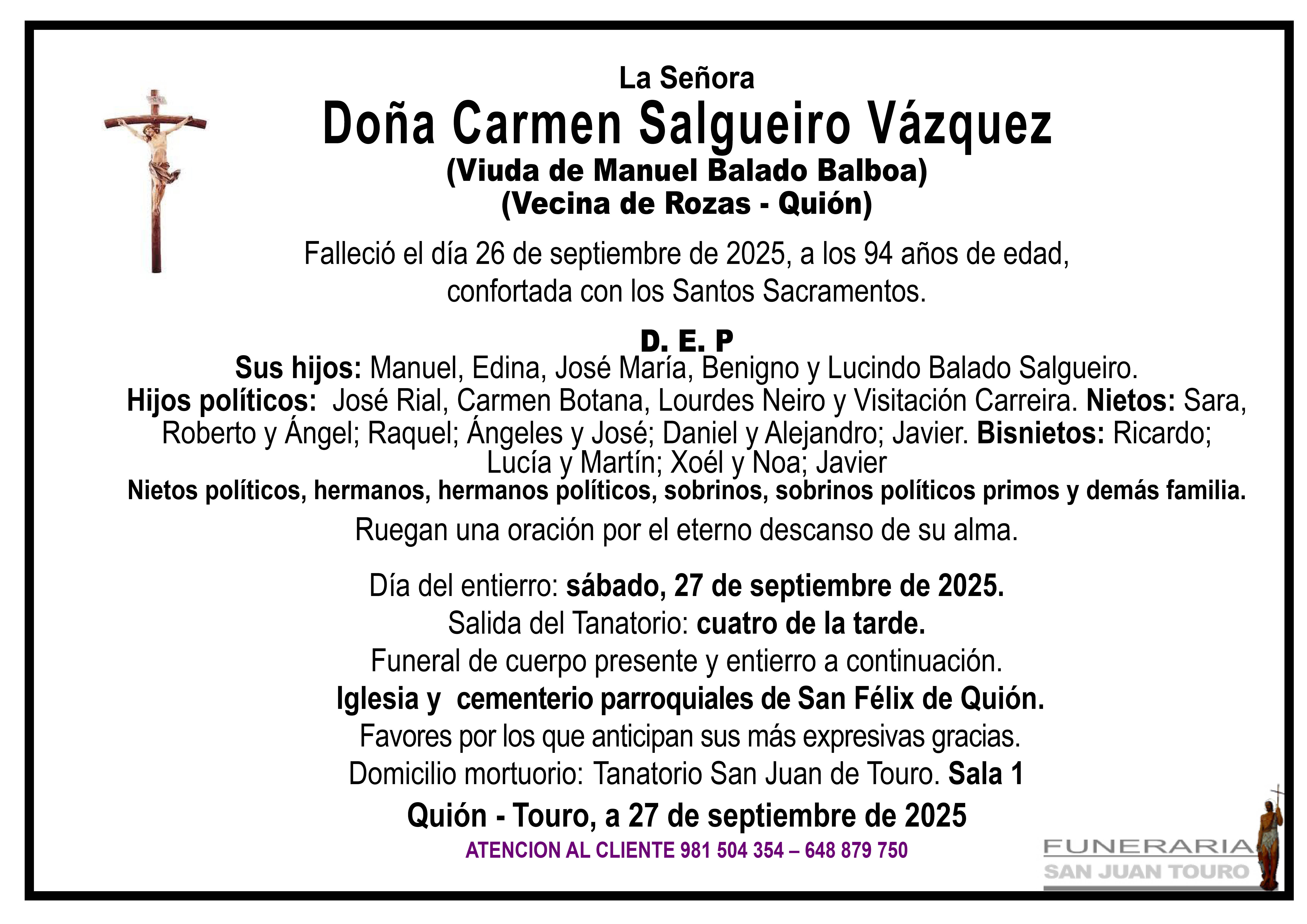 Esquela de SEPELIO DE DOÑA CARMEN SALGUEIRO VÁZQUEZ