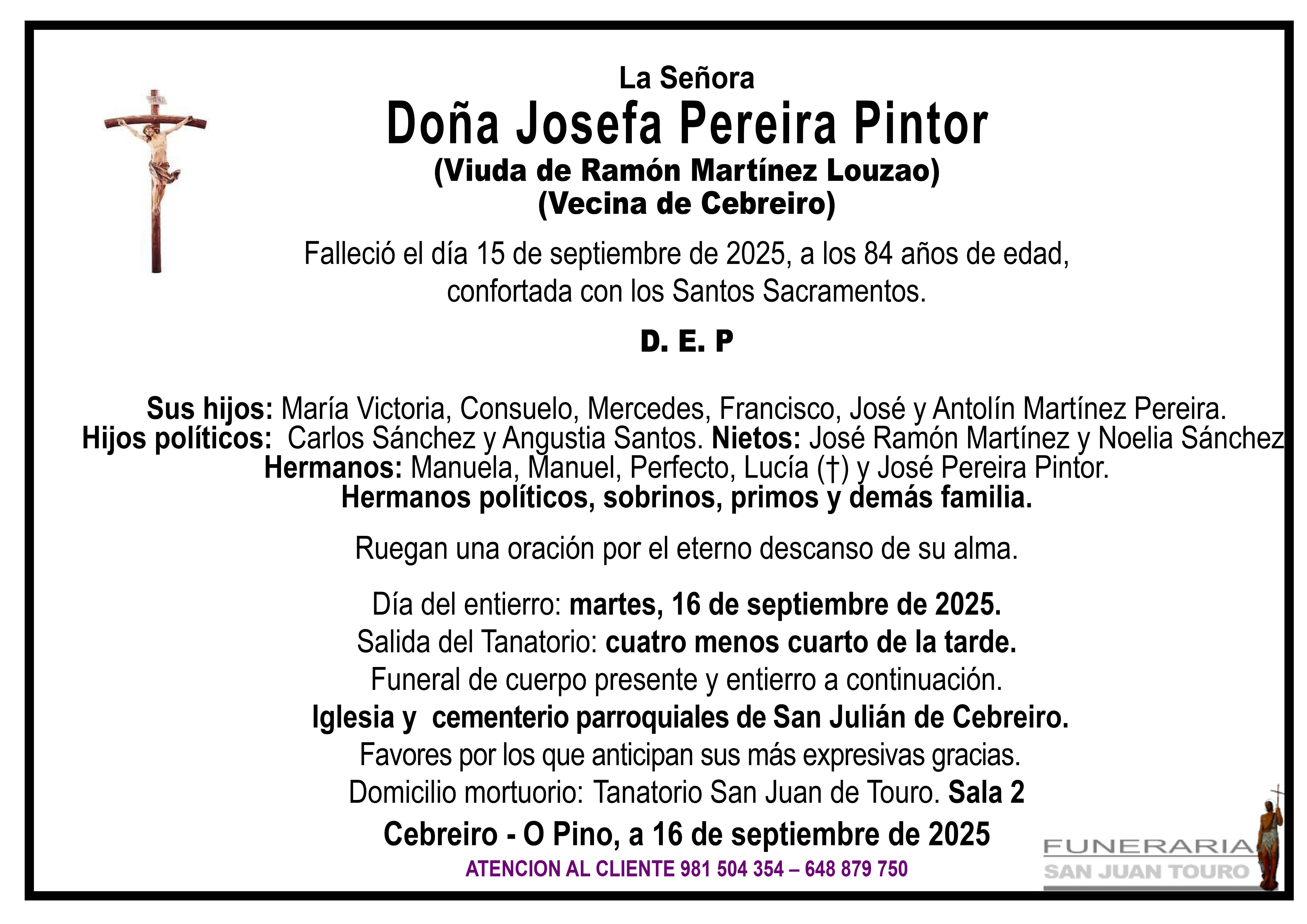 Esquela de SEPELIO DE DOÑA JOSEFA PEREIRA PINTOR