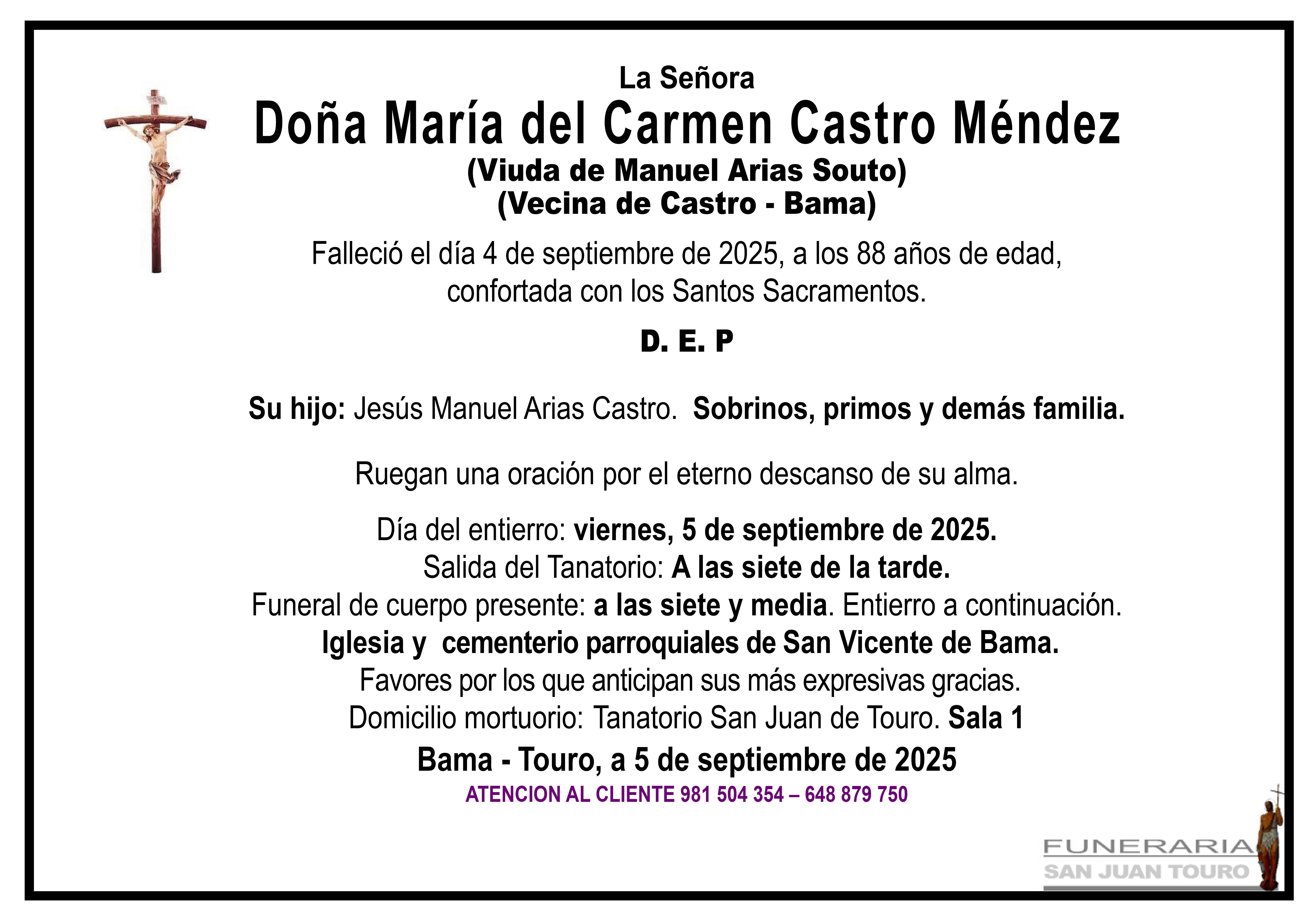 Esquela de SEPELIO DE DOÑA MARÍA DEL CARMEN CASTRO MÉNDEZ