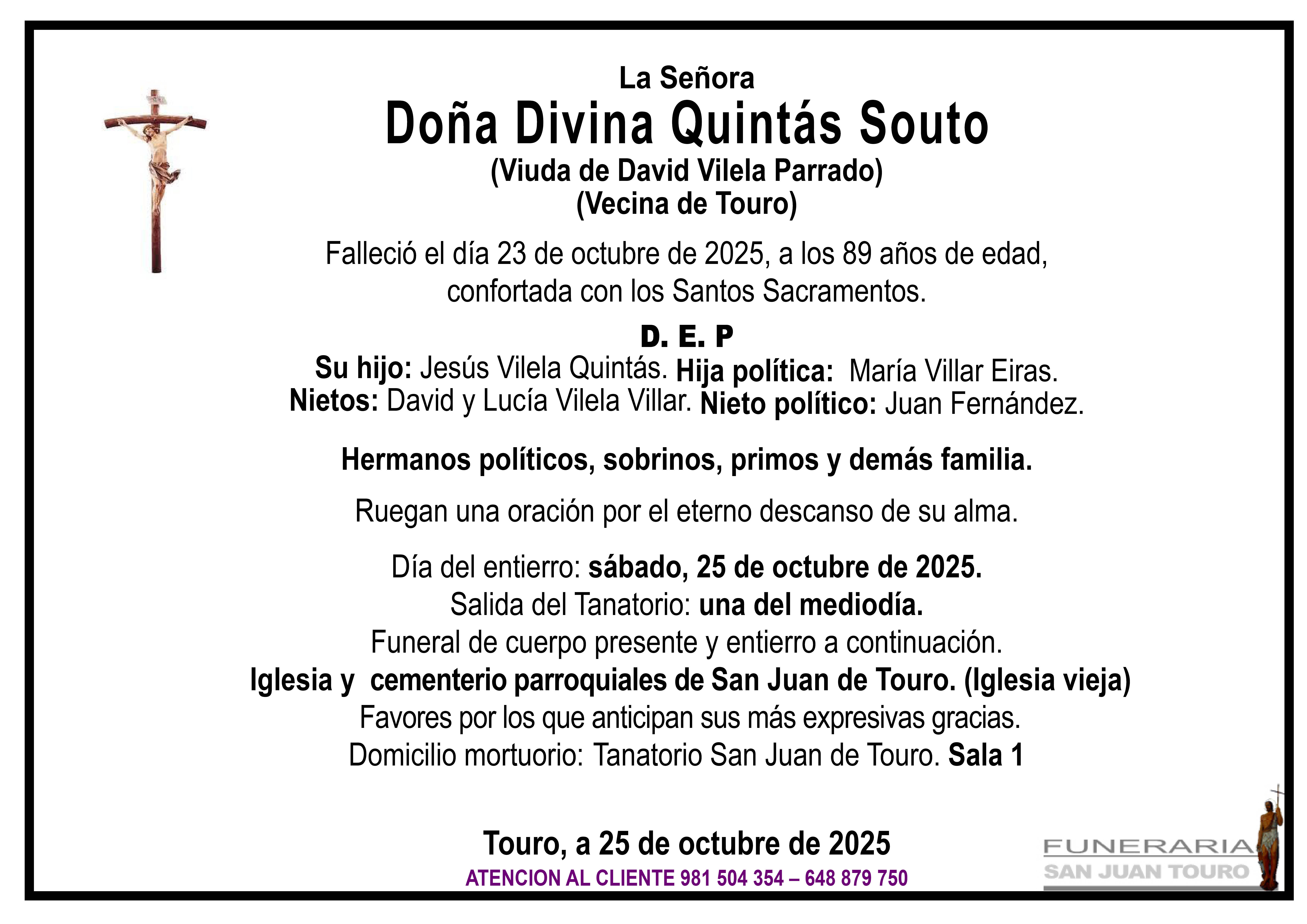 Esquela de SEPELIO DE DOÑA DIVINA QUINTÁS SOUTO