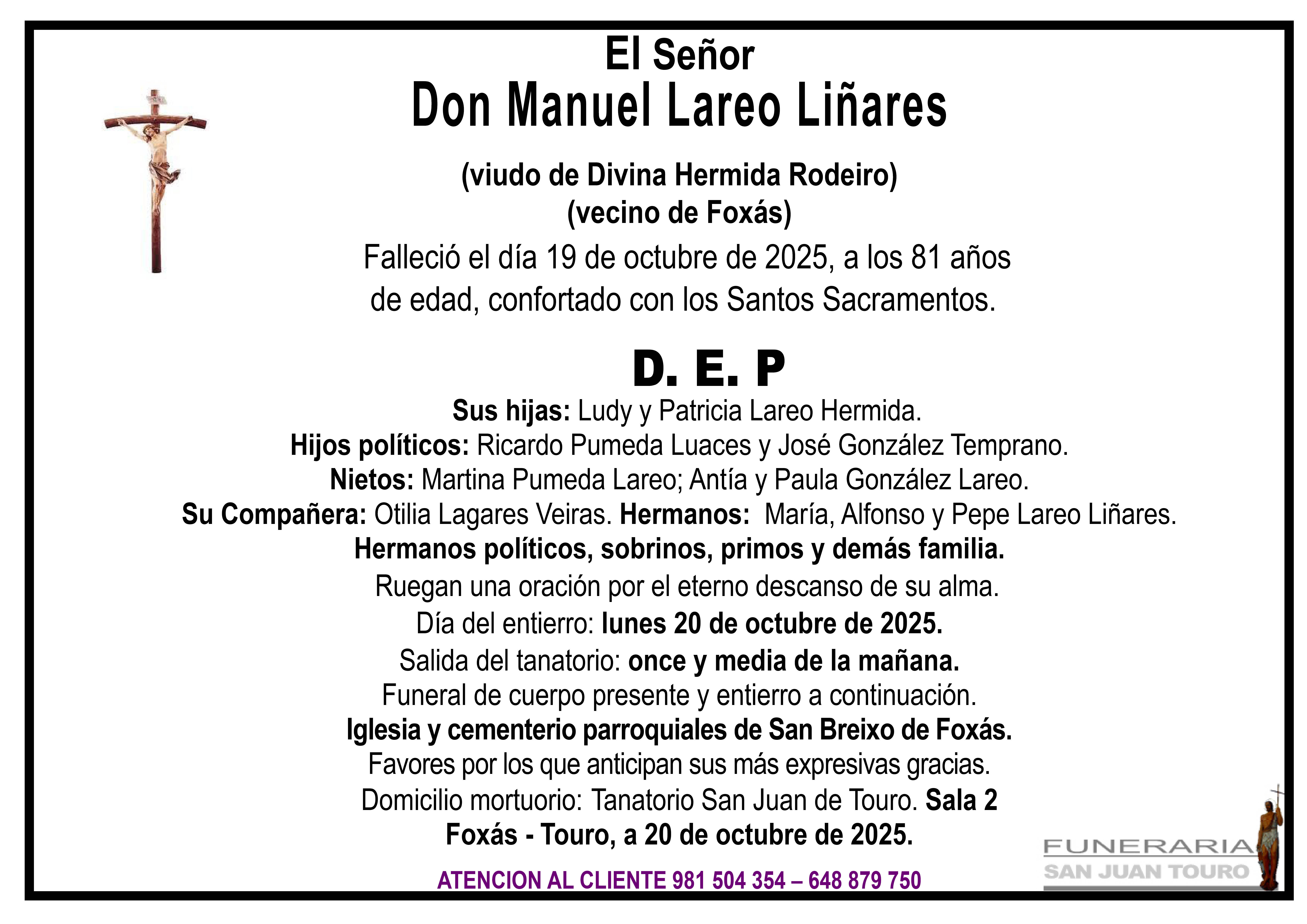 Esquela de SEPELIO DE DON MANUEL LAREO LIÑARES