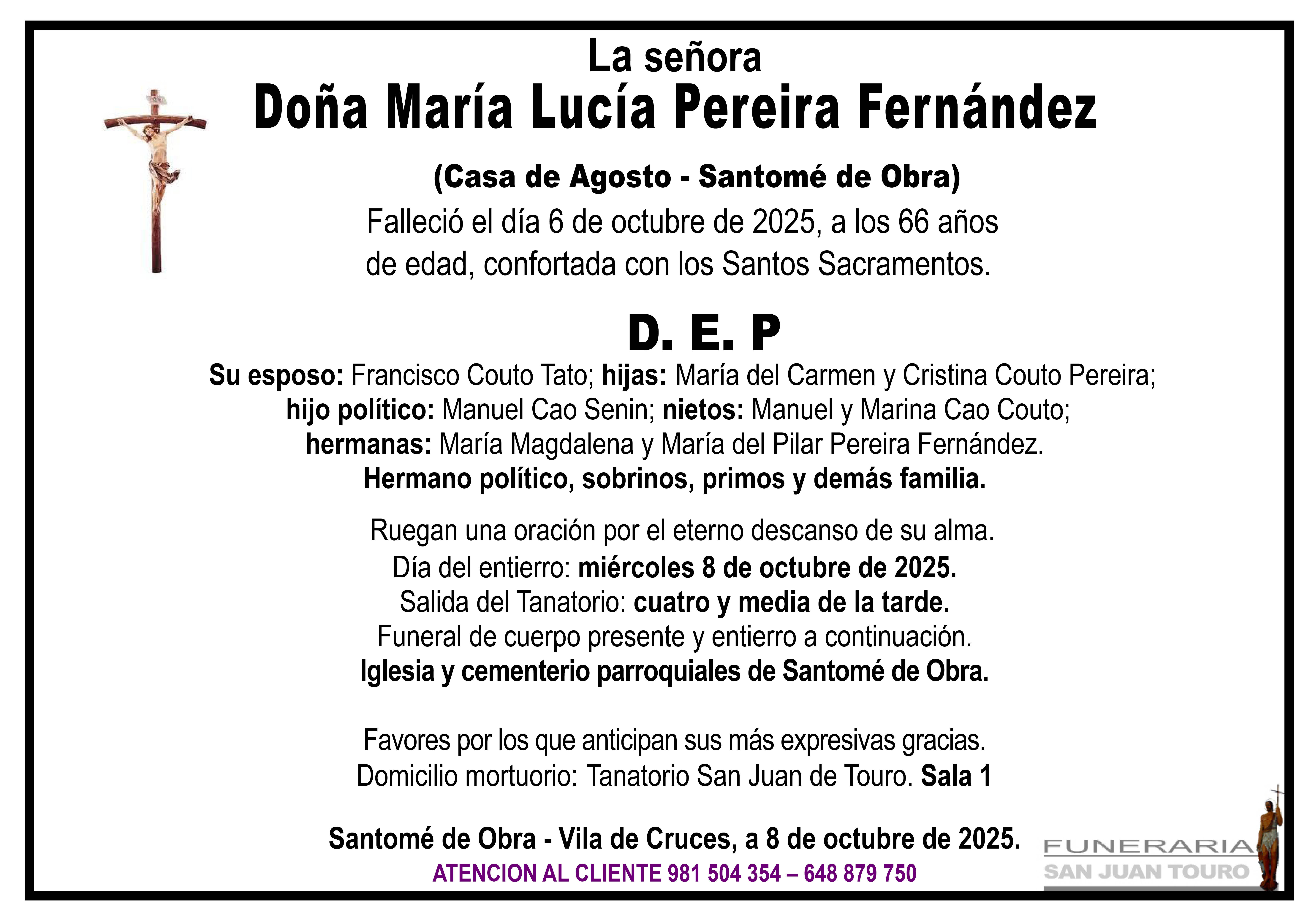 Esquela de SEPELIO DE DOÑA MARÍA LUCIA PEREIRA FERNÁNDEZ