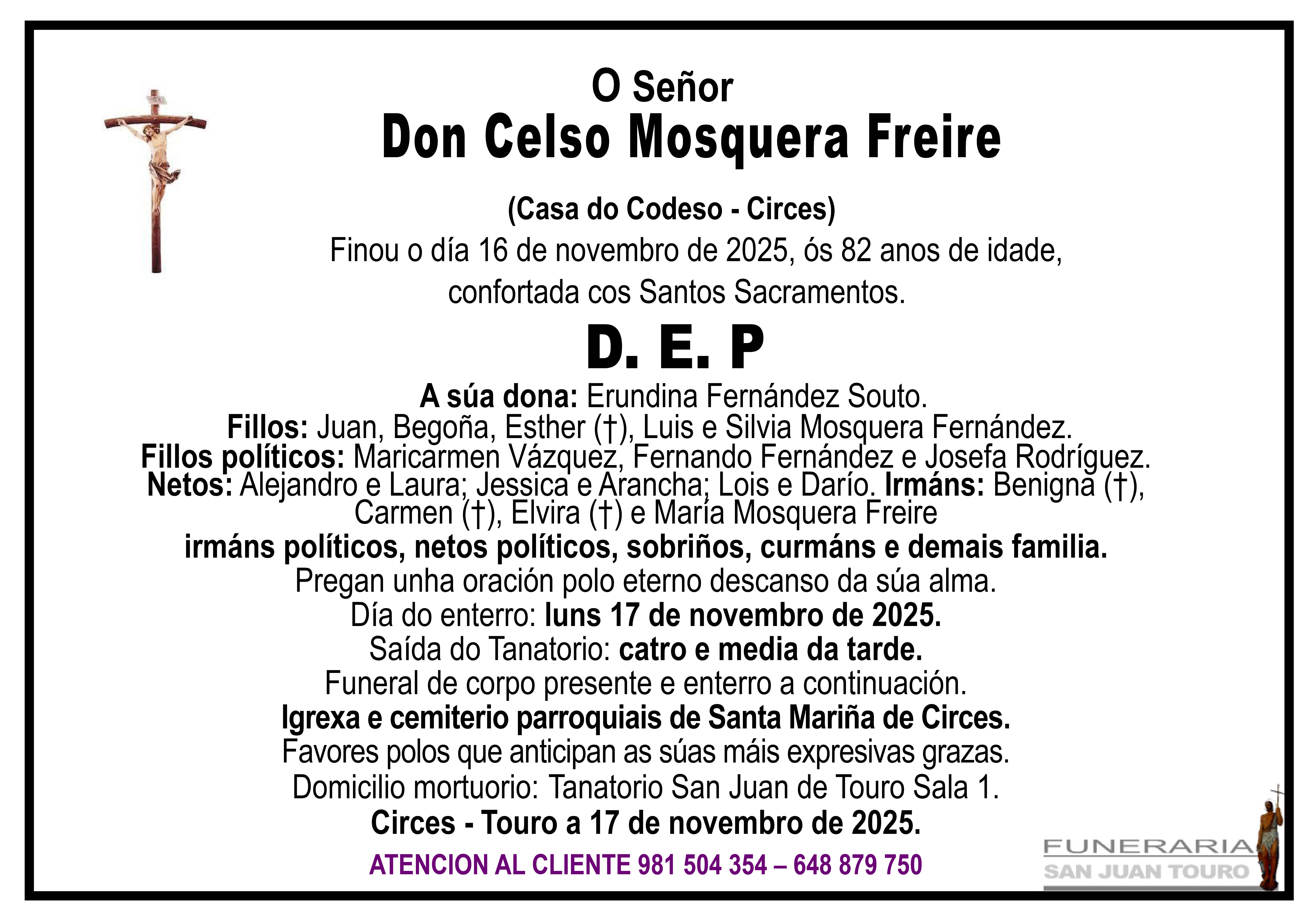 Esquela de SEPELIO DE DON CELSO MOSQUERA FREIRE