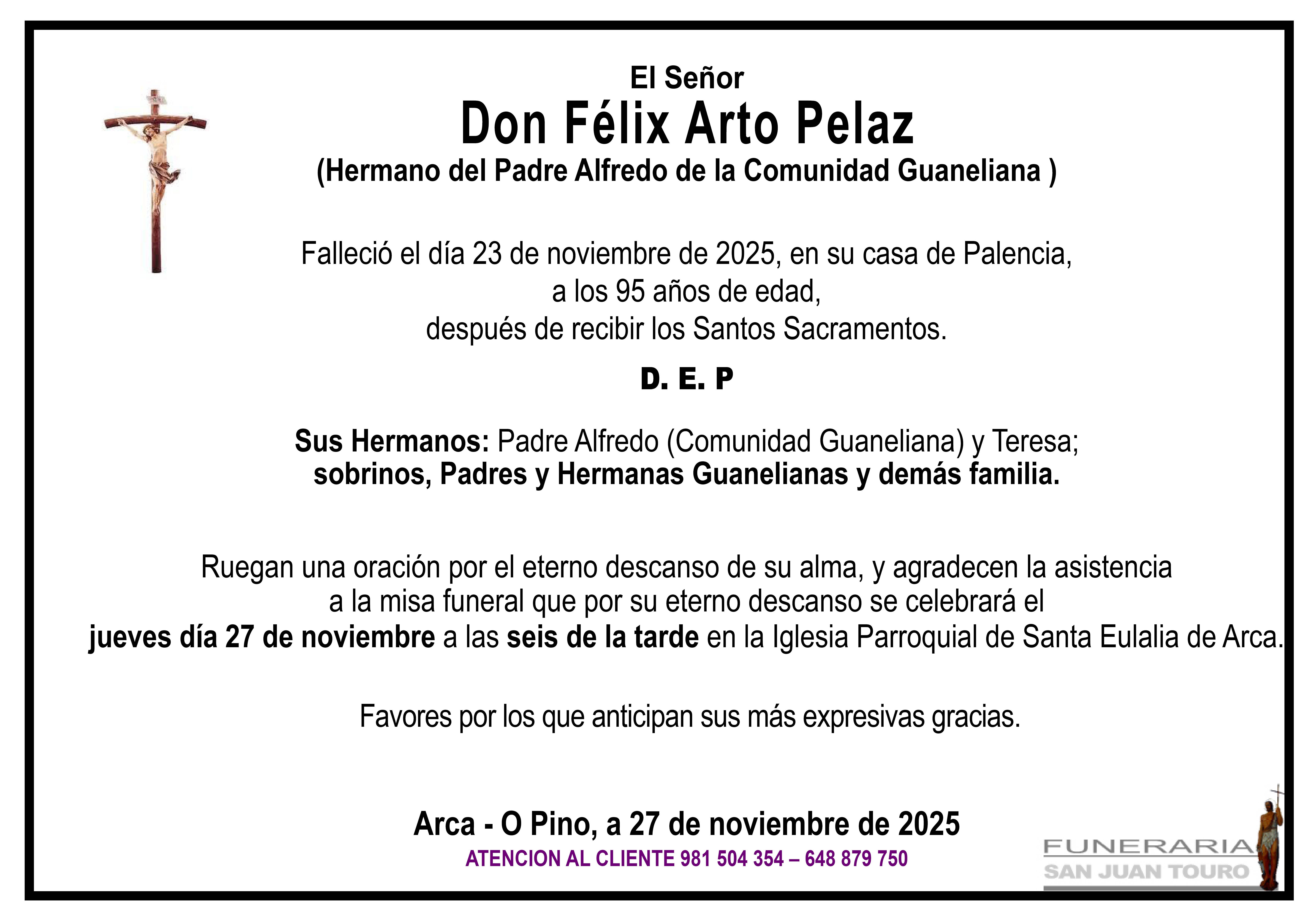 Esquela de MISA FUNERAL DE DON FÉLIX ARTO PELAZ