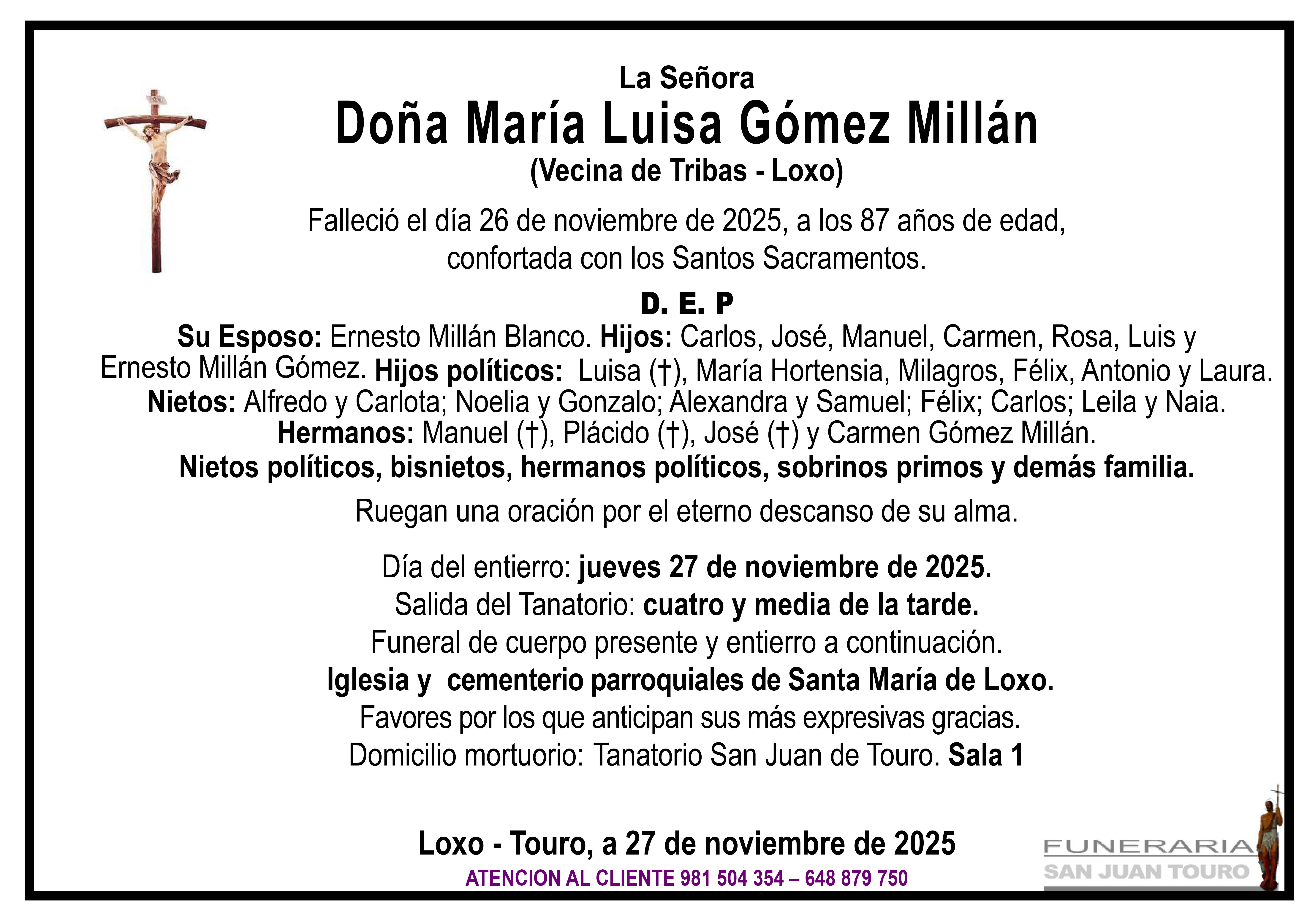 Esquela de SEPELIO DE DOÑA MARÍA LUISA GÓMEZ MILLÁN