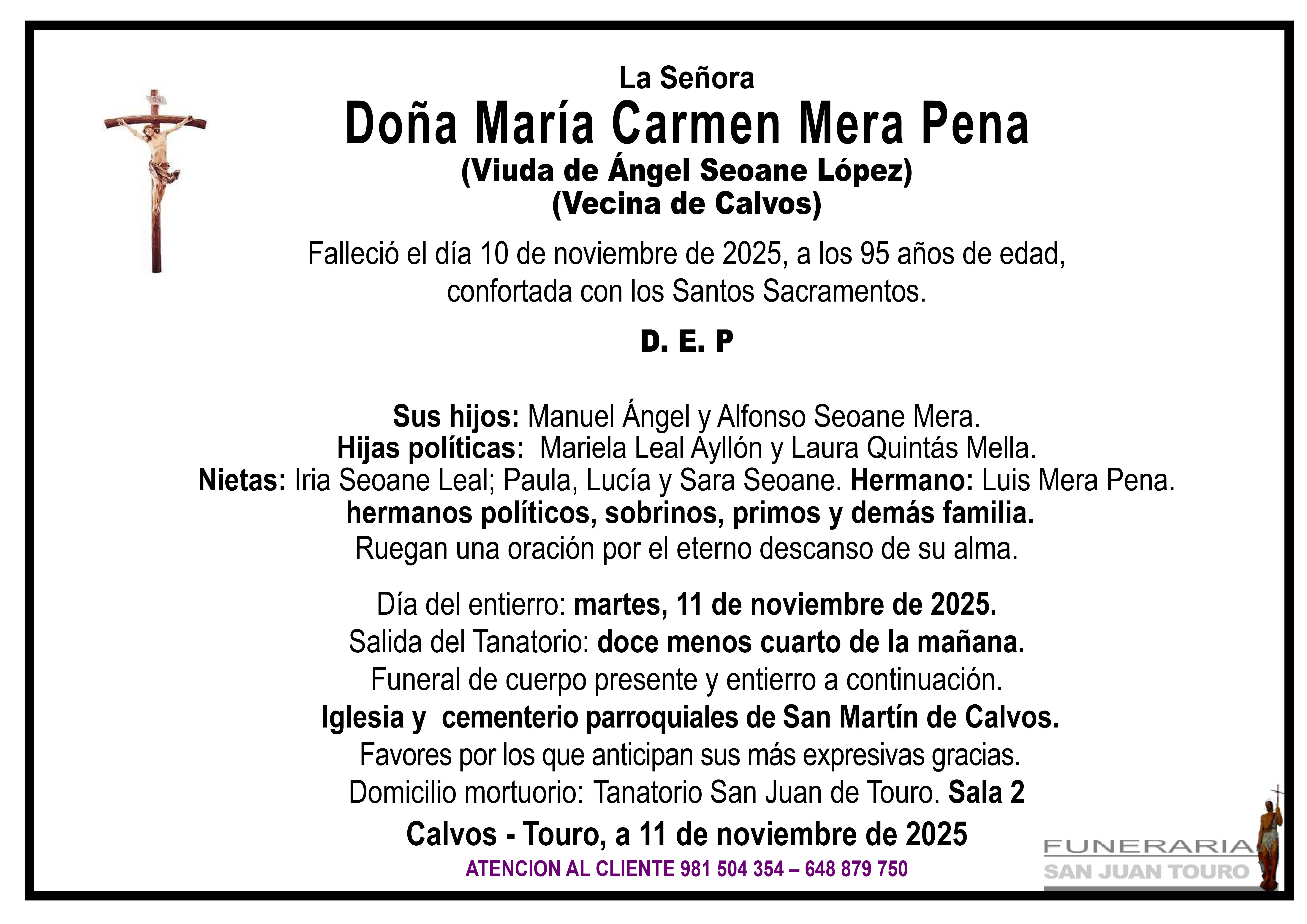 Esquela de SEPELIO DE DOÑA MARÍA CARMEN MERA PENA