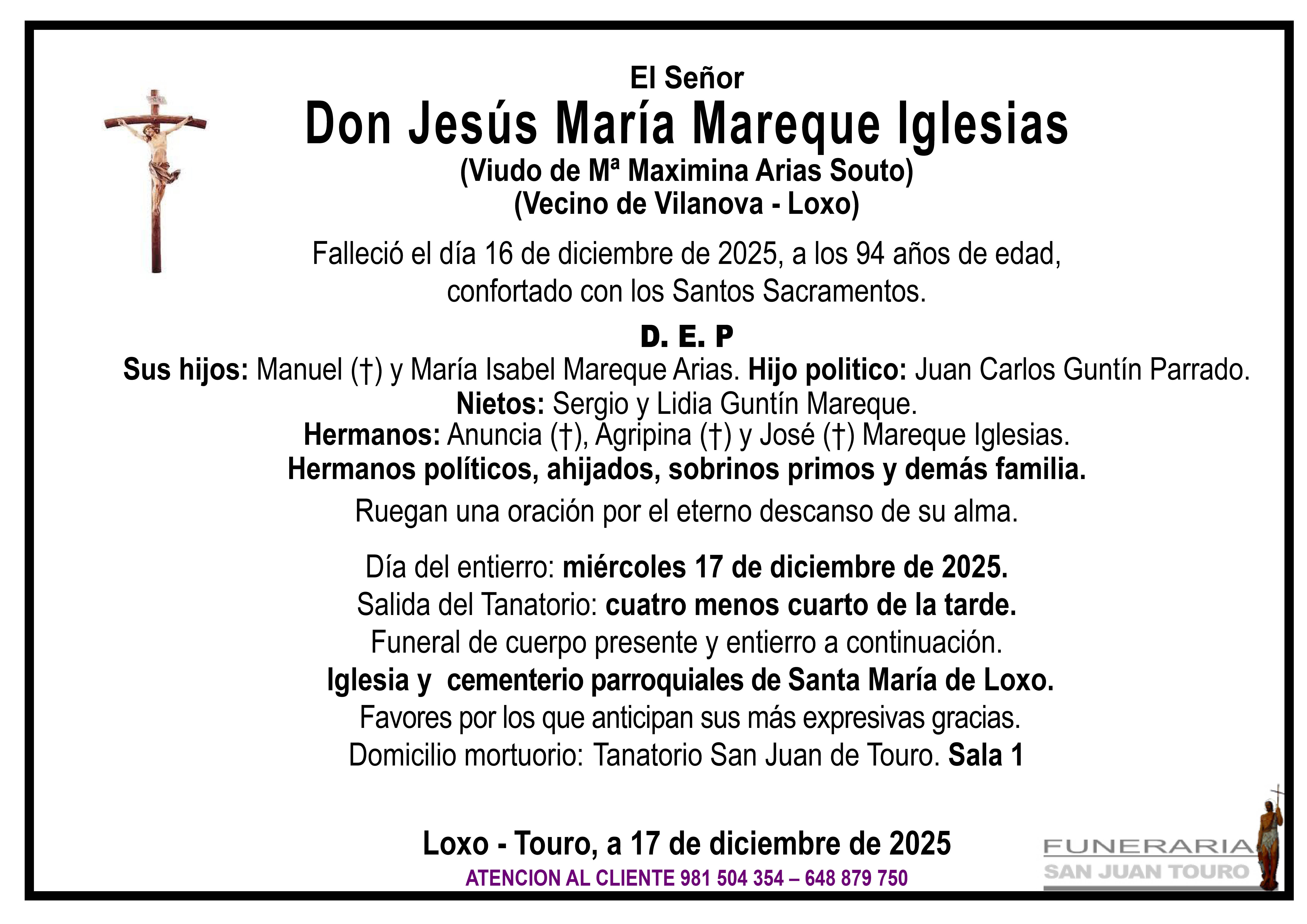 Esquela de SEPELIO DE DON JESÚS MARÍA MAREQUE IGLESIAS