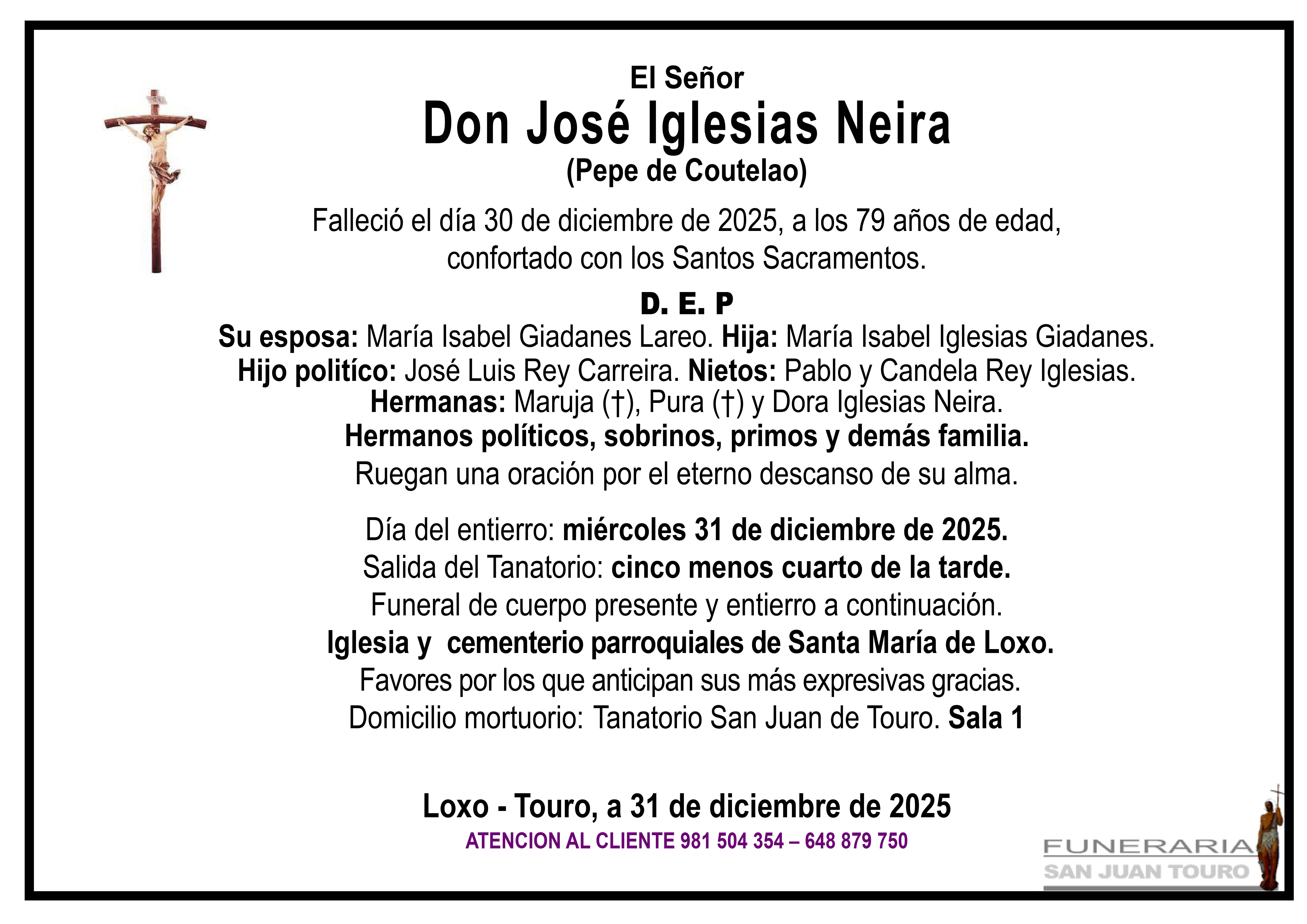 Esquela de SEPELIO DE DON JOSÉ IGLESIAS NEIRA