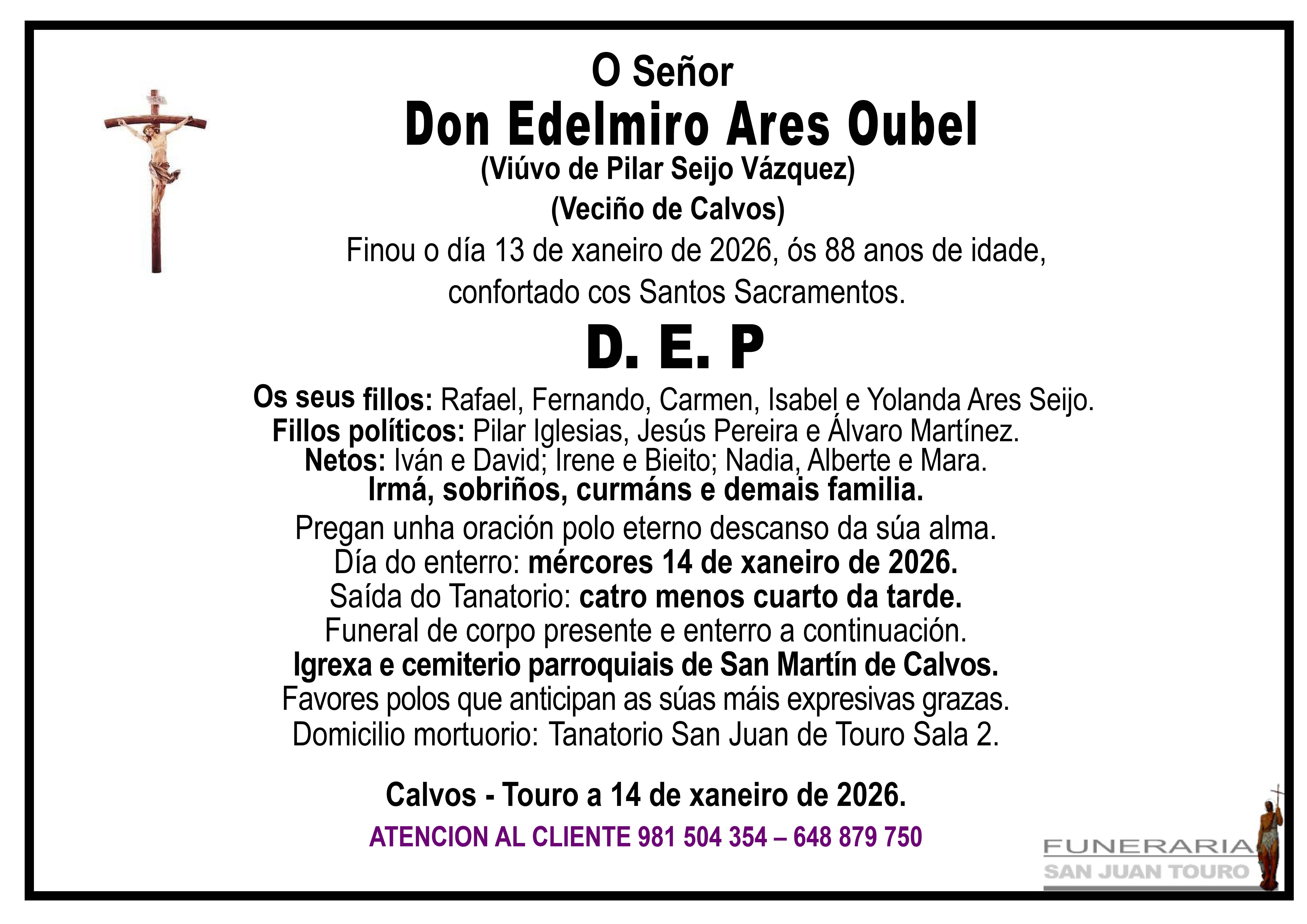 Esquela de SEPELIO DE DON EDELMIRO ARES OUBEL