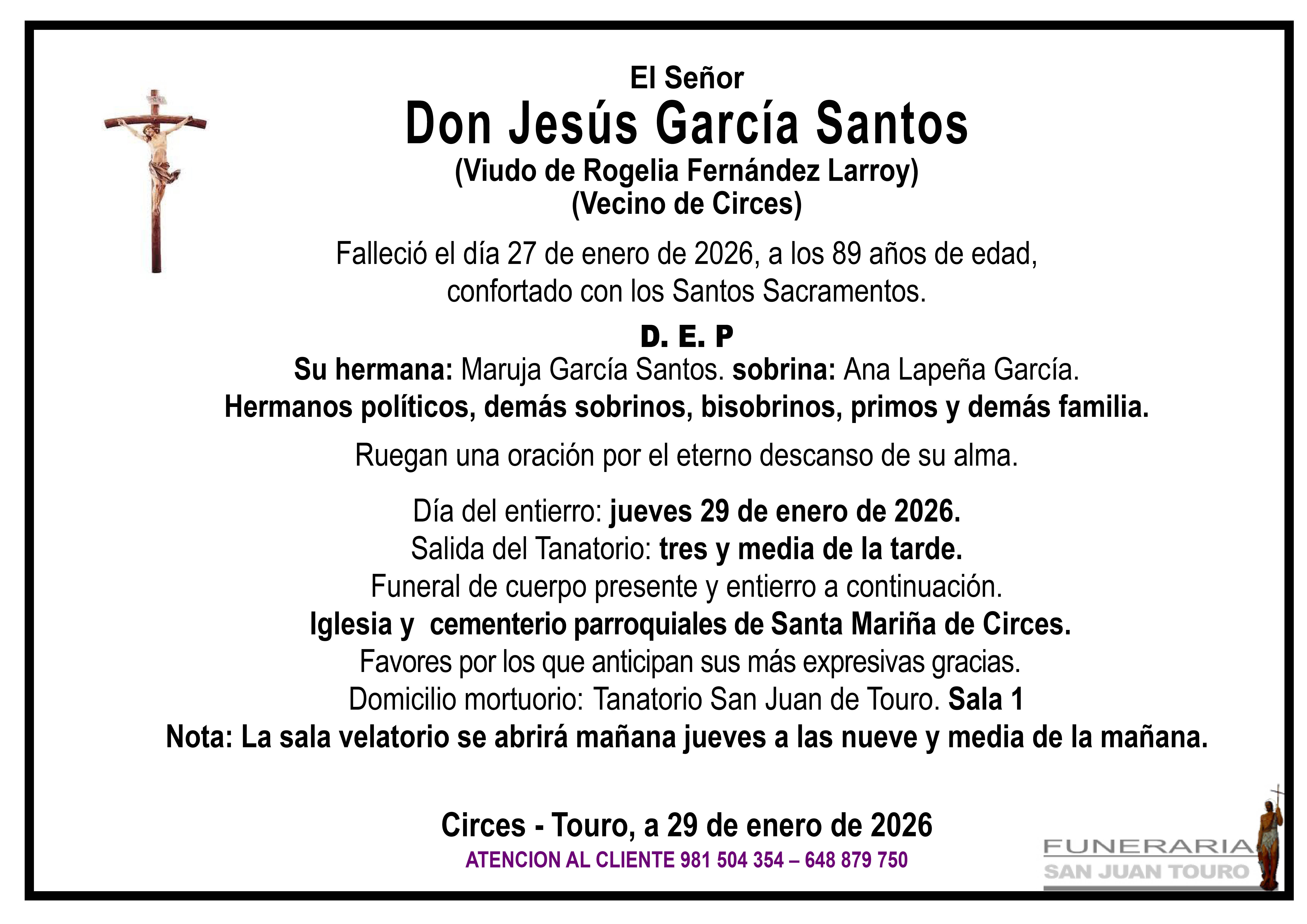 Esquela de SEPELIO DE DON JESÚS GARCÍA SANTOS