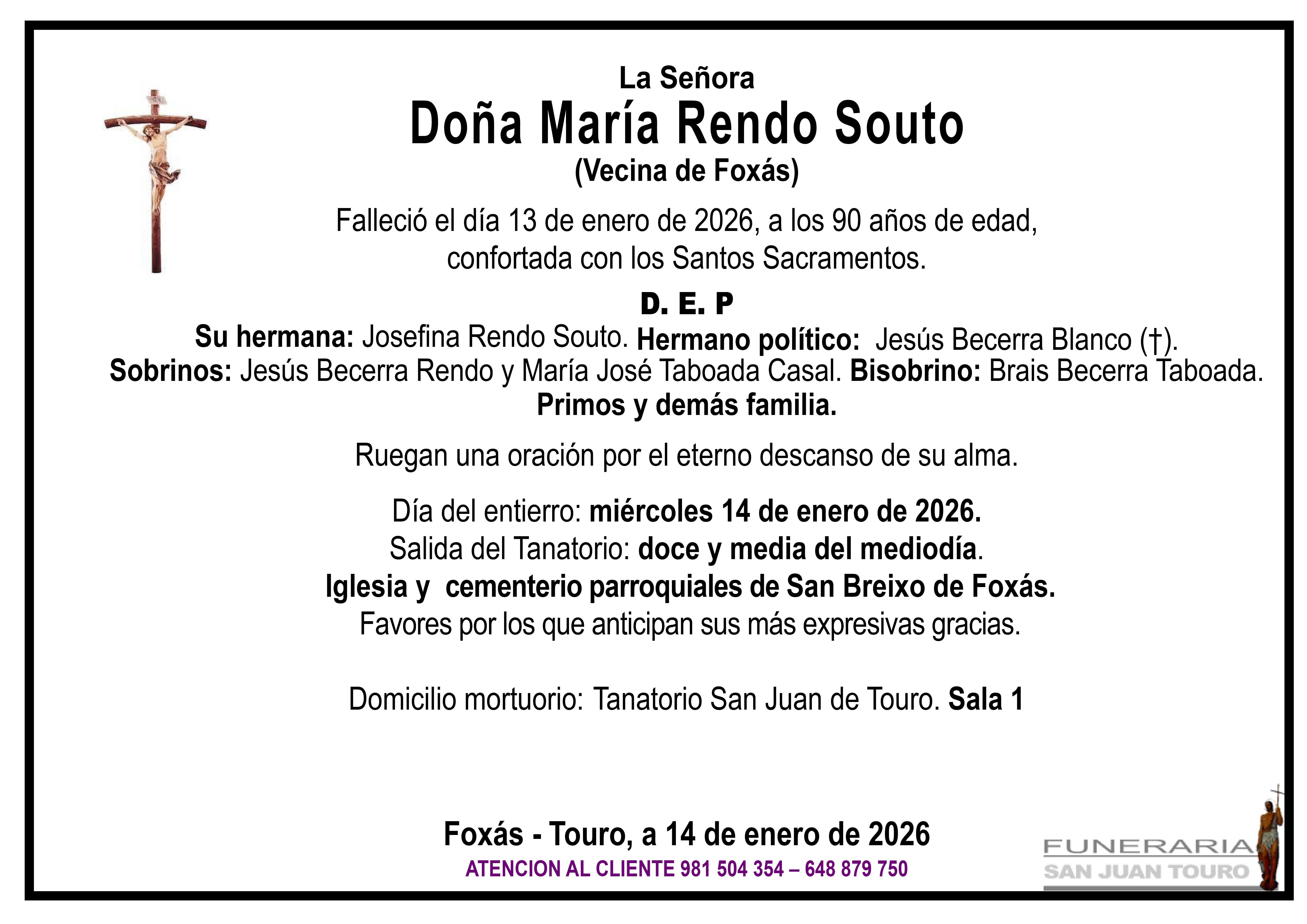 Esquela de SEPELIO DE DOÑA MARÍA RENDO SOUTO