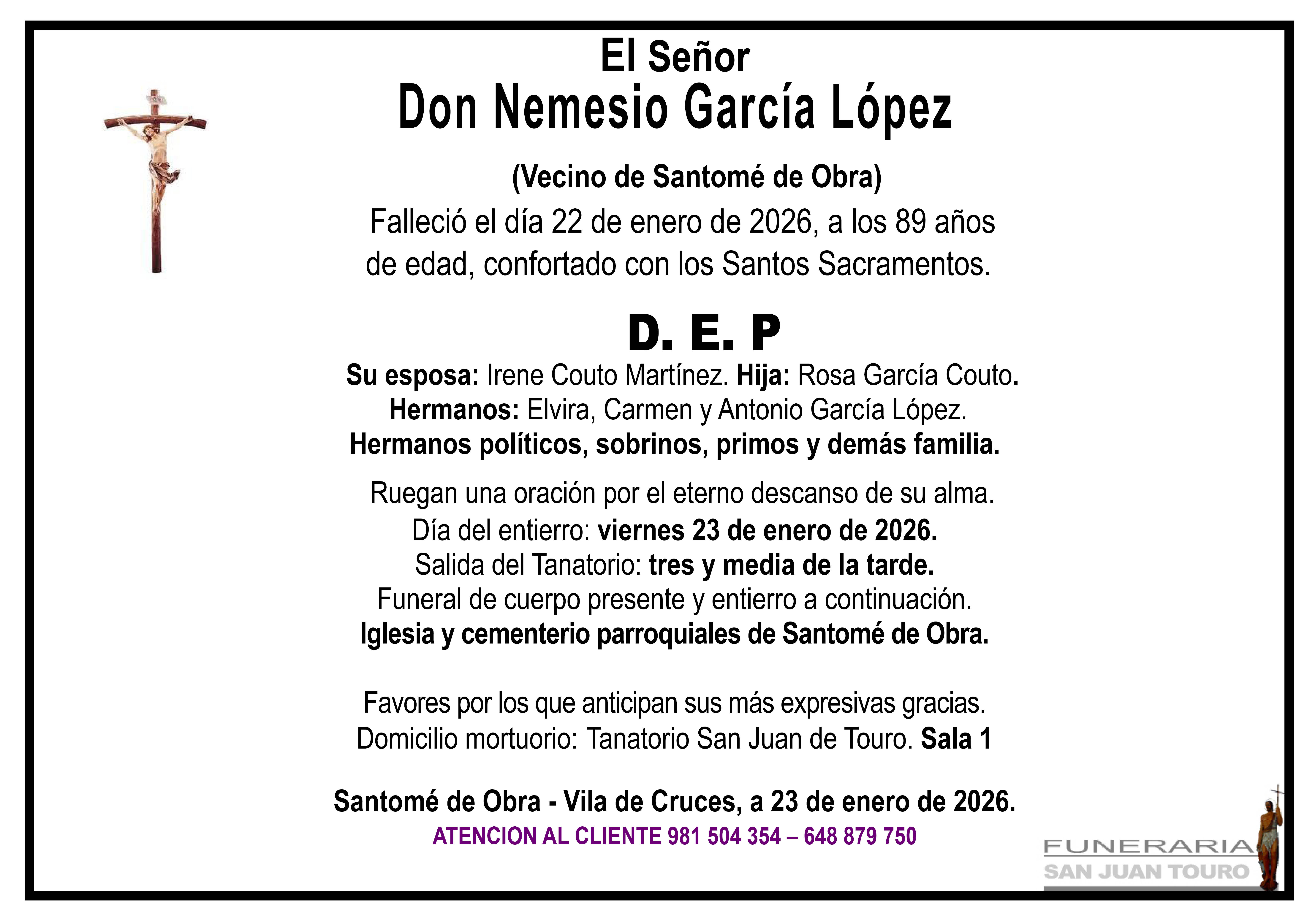 Esquela de SEPELIO DE DON NEMESIO GARCÍA LÓPEZ