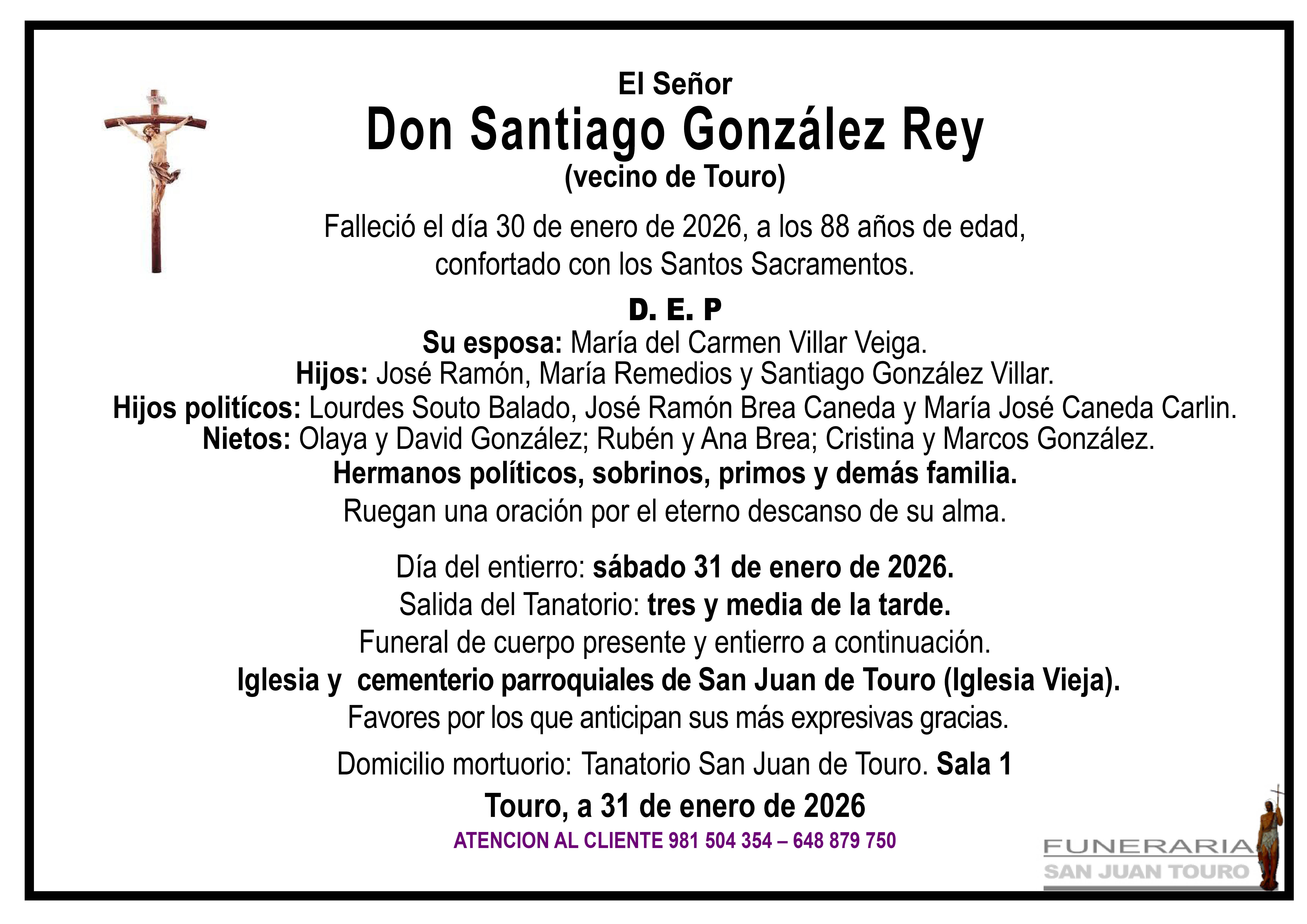 Esquela de SEPELIO DE DON SANTIAGO GONZÁLEZ REY