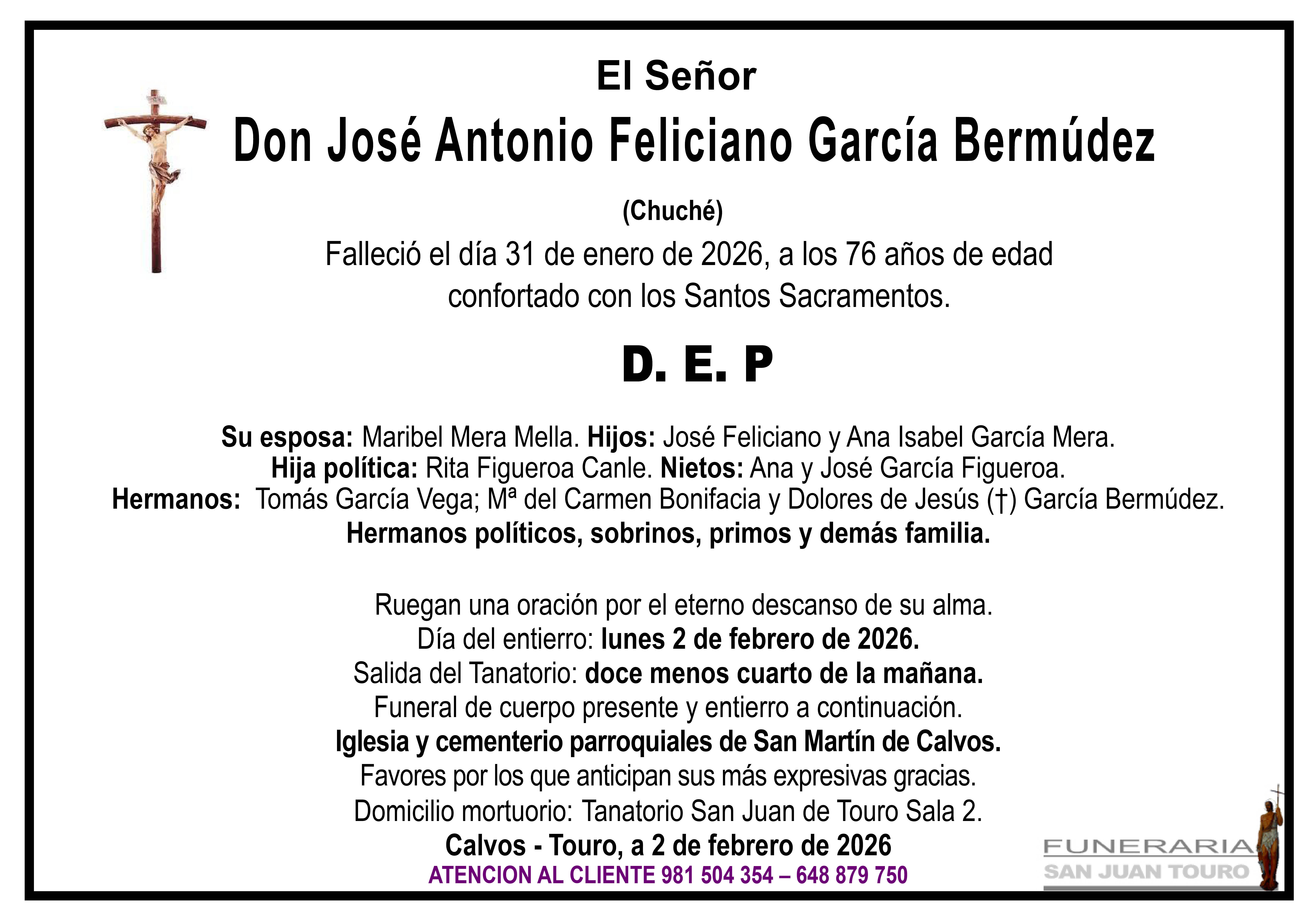 Esquela de SEPELIO DE DON JOSÉ ANTONIO FELICIANO GARCÍA BERMÚDEZ