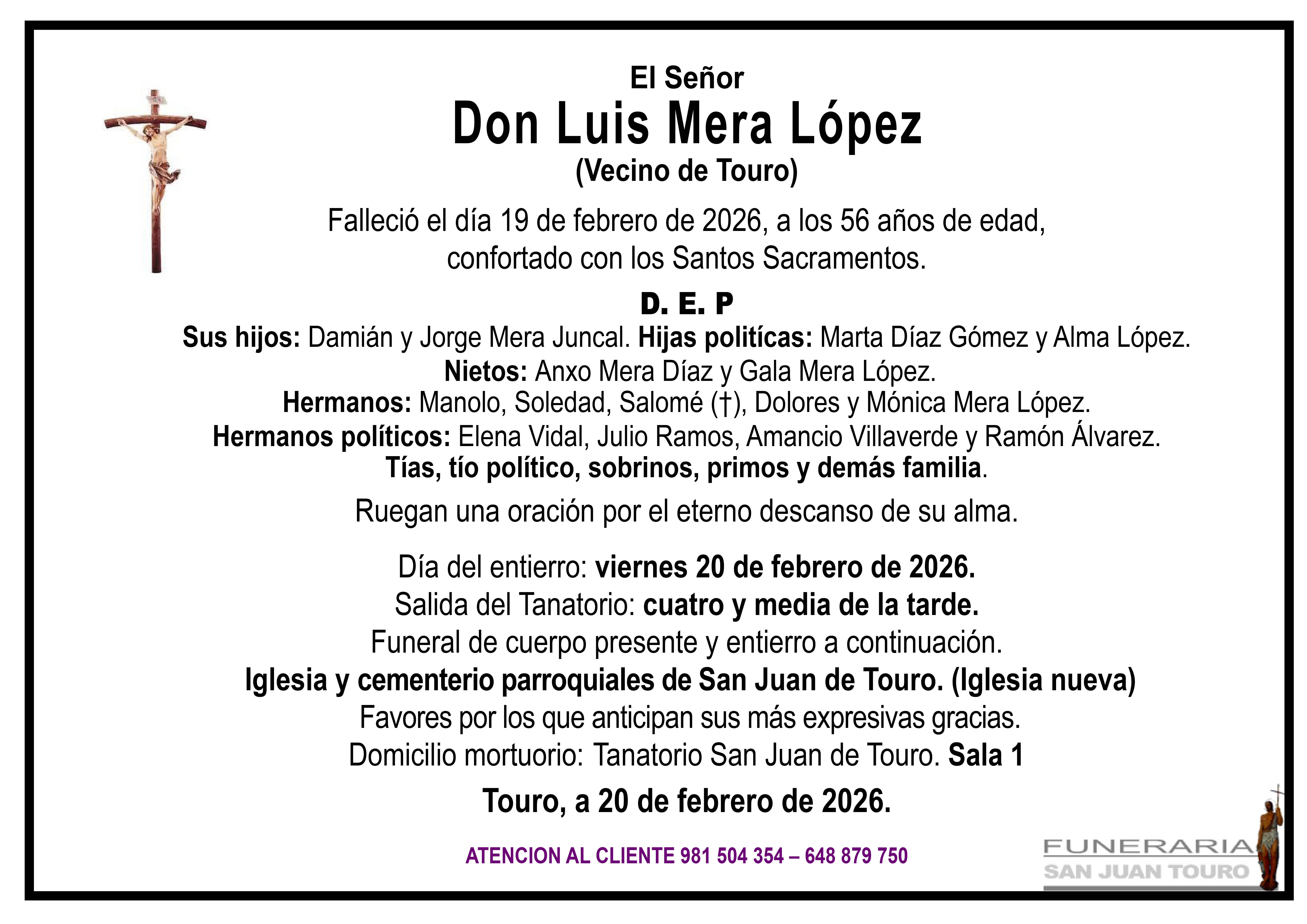 Esquela de SEPELIO DE DON LUIS MERA LÓPEZ