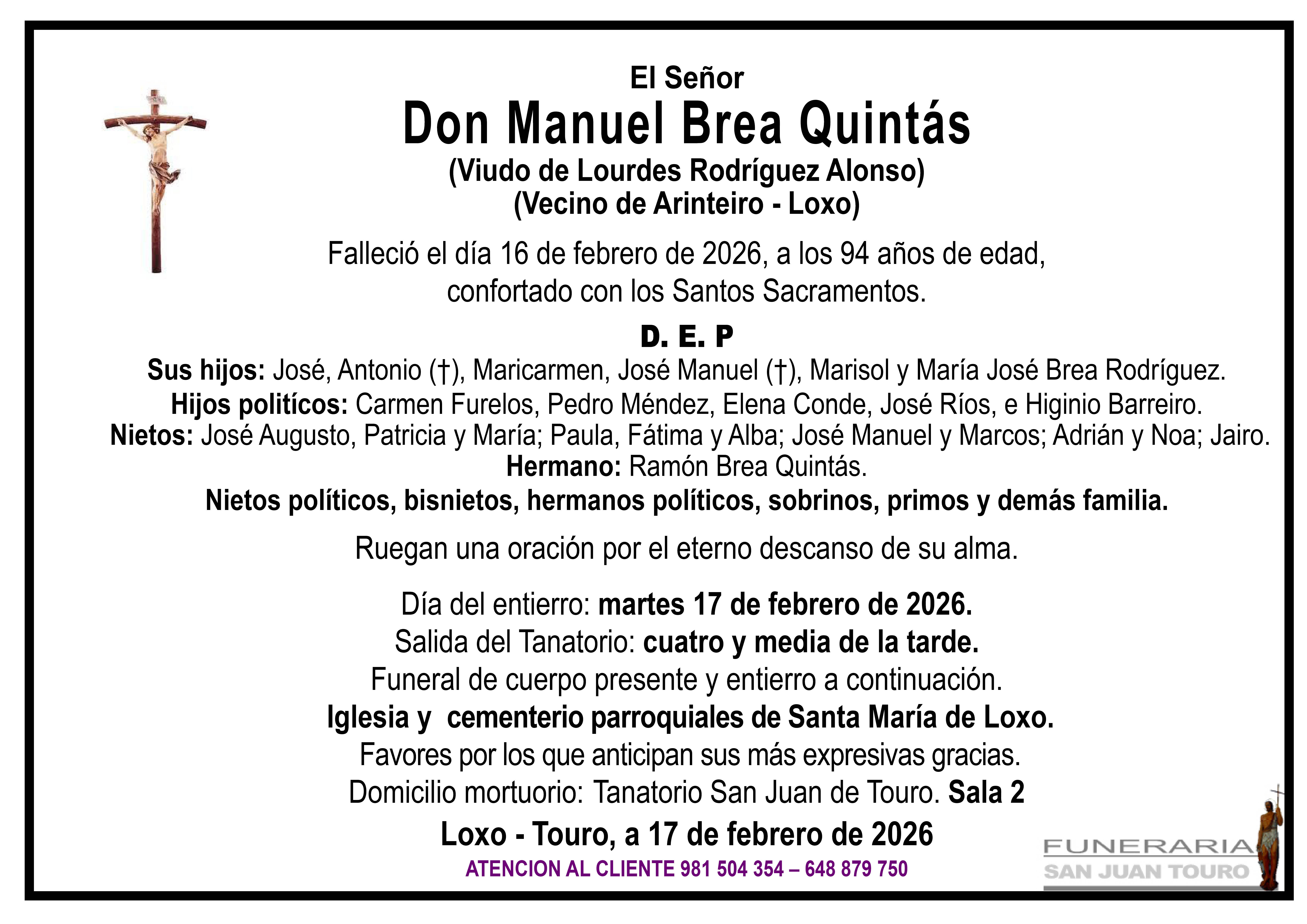 Esquela de SEPELIO DE DON MANUEL BREA QUINTÁS