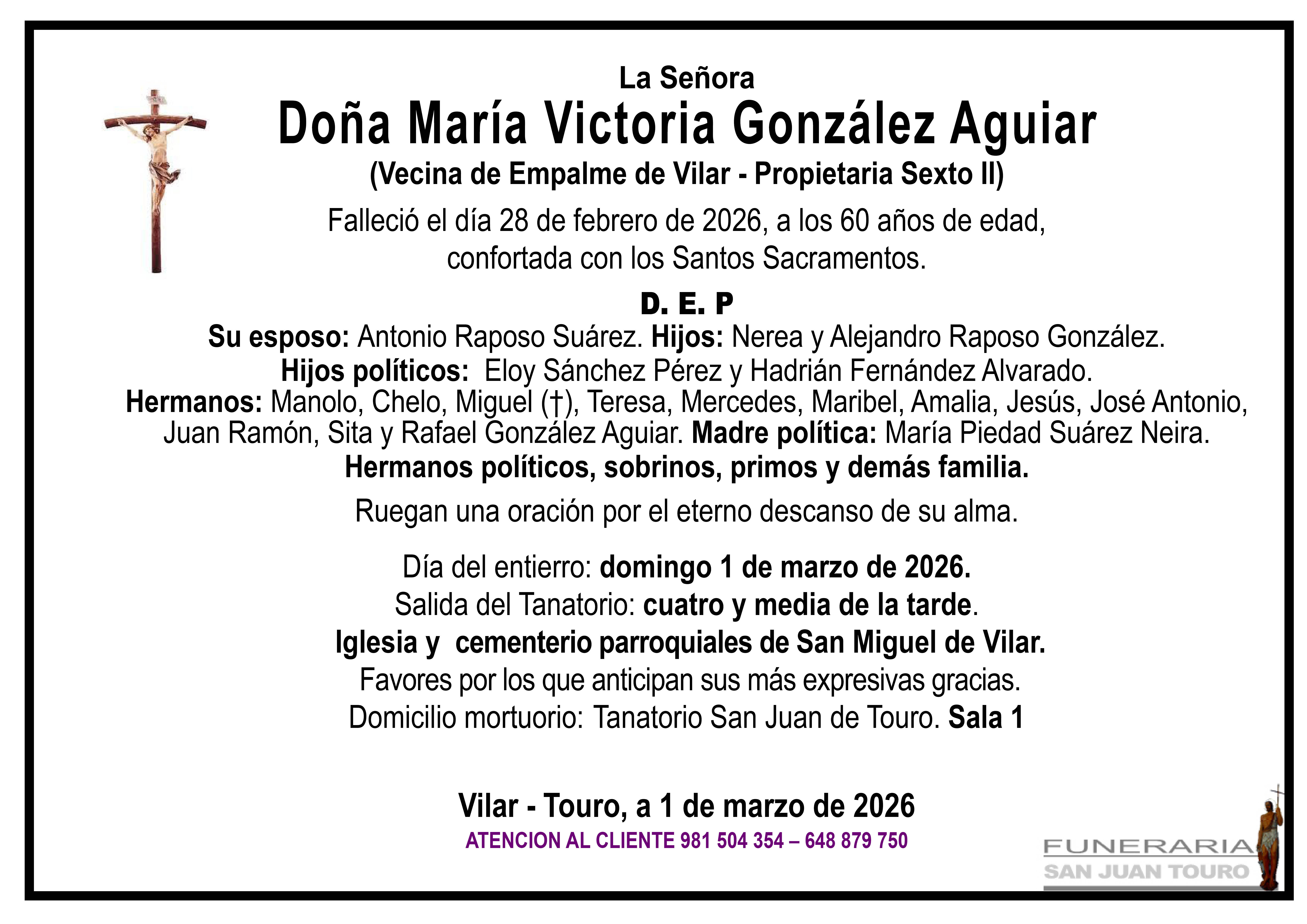 Esquela de SEPELIO DE DOÑA MARÍA VICTORIA GONZÁLEZ AGUIAR