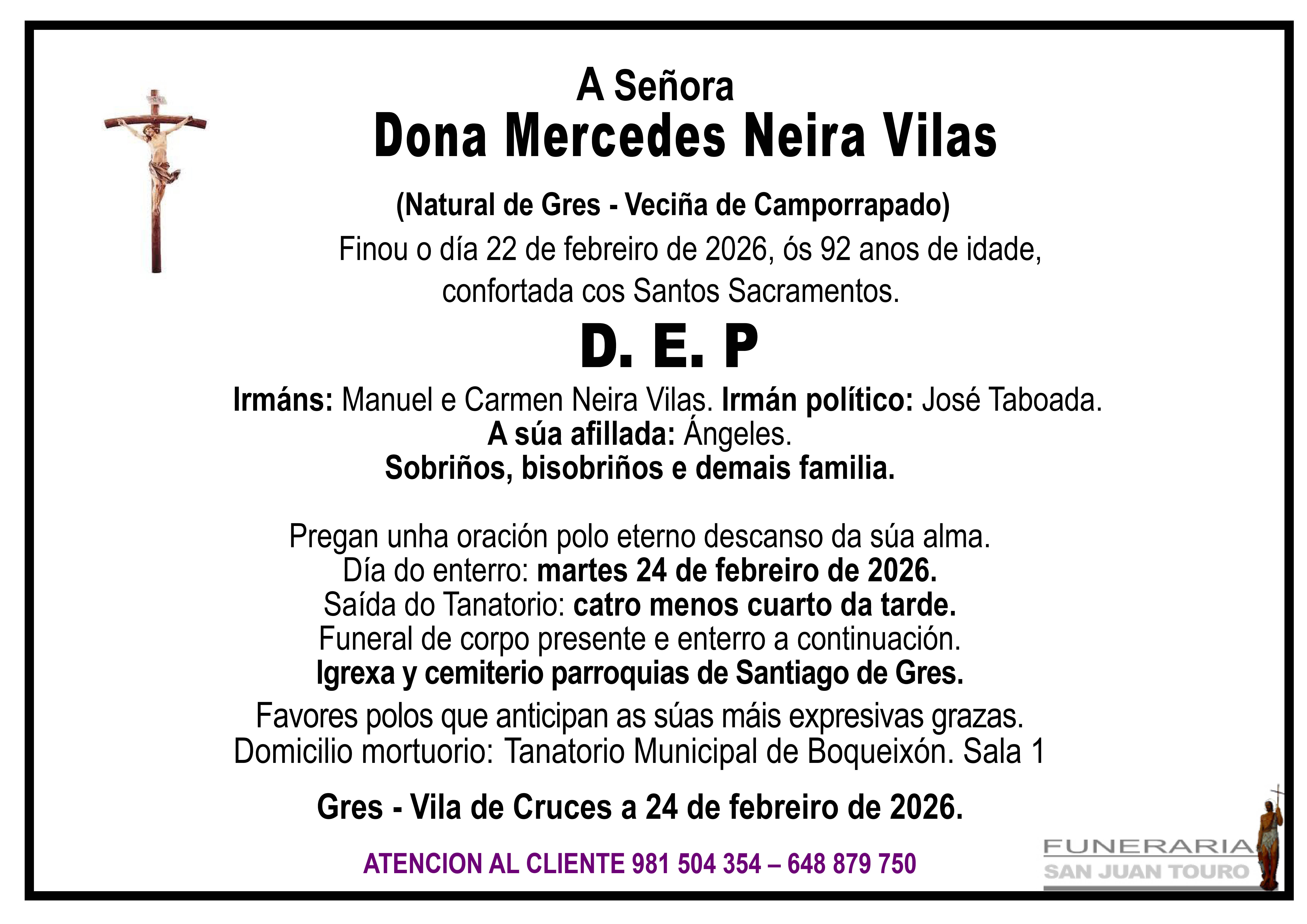 Esquela de SEPELIO DE DONA MERCEDES NEIRA VILAS