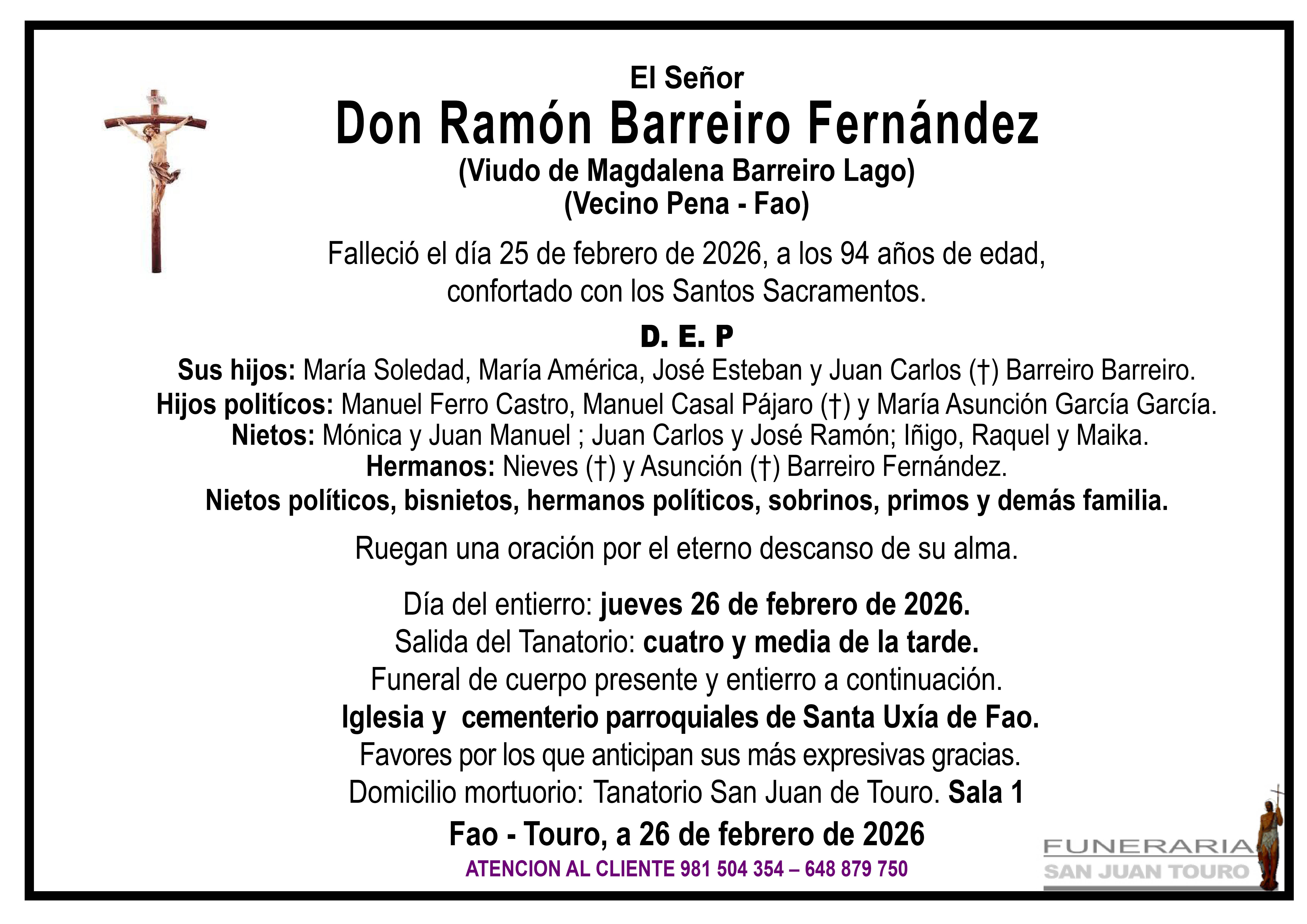 Esquela de SEPELIO DE DON RAMÓN BARREIRO FERNÁNDEZ