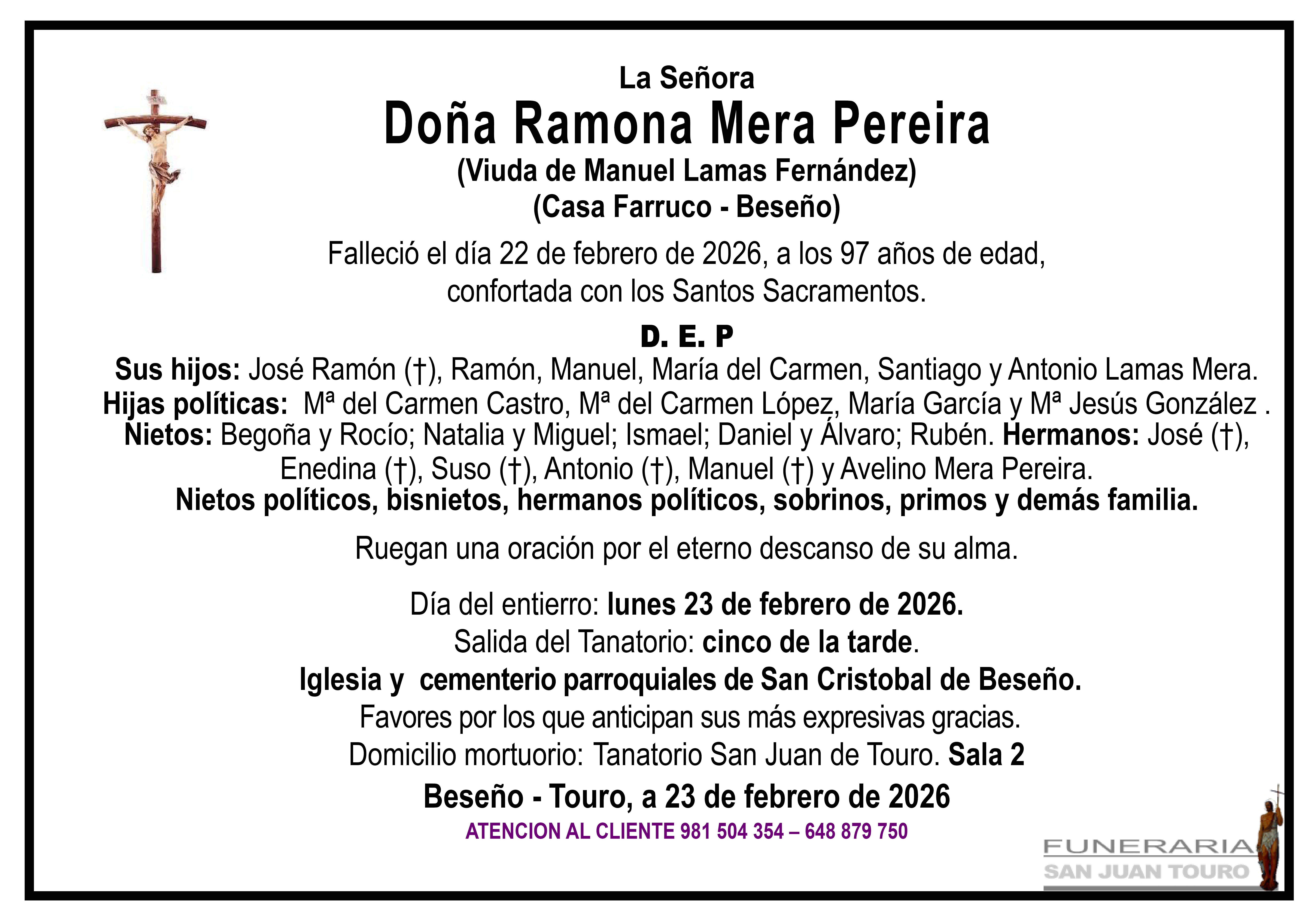 Esquela de SEPELIO DE DOÑA RAMONA MERA PEREIRA