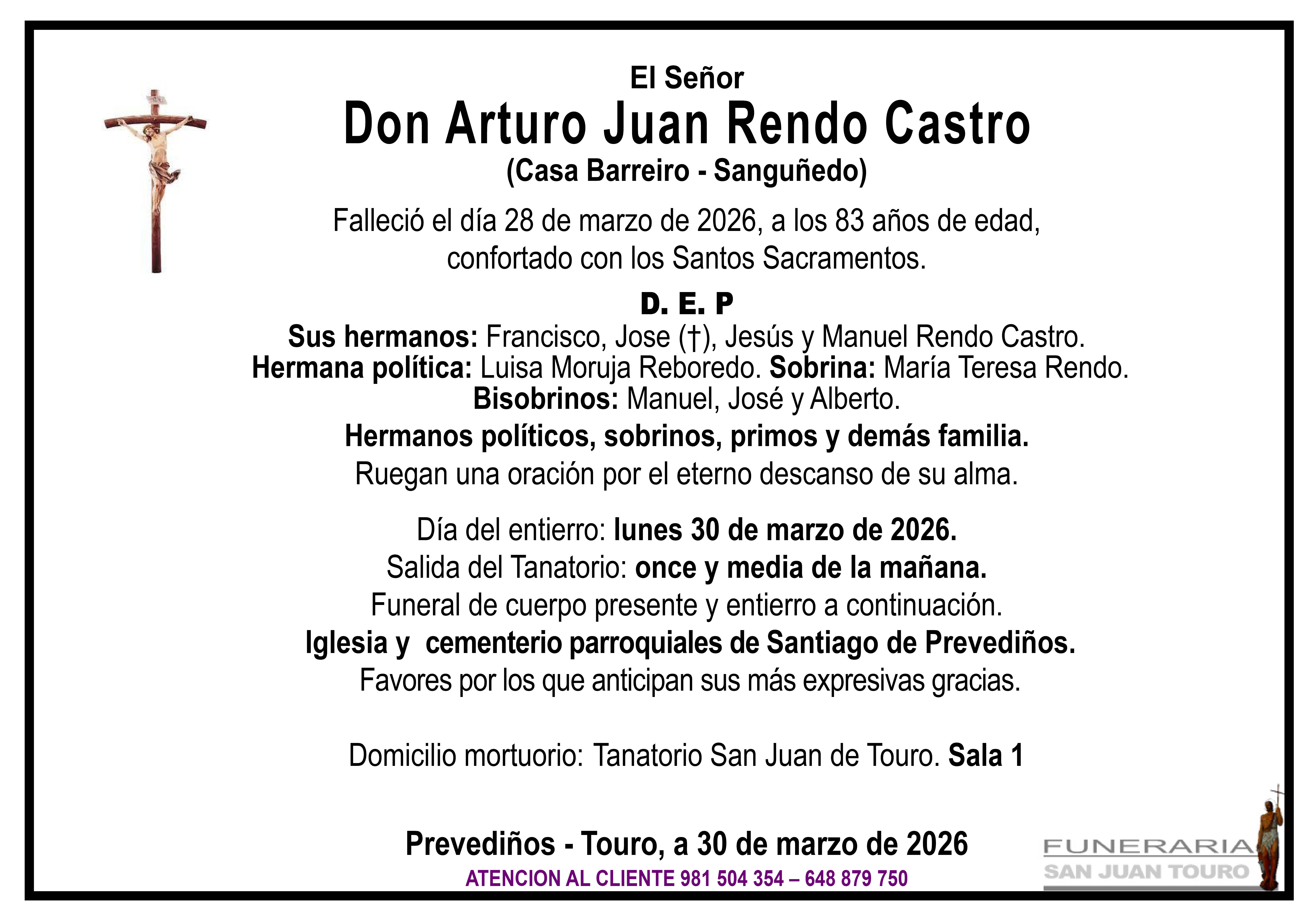 Esquela de SEPELIO DE DON ARTURO JUAN RENDO CASTRO