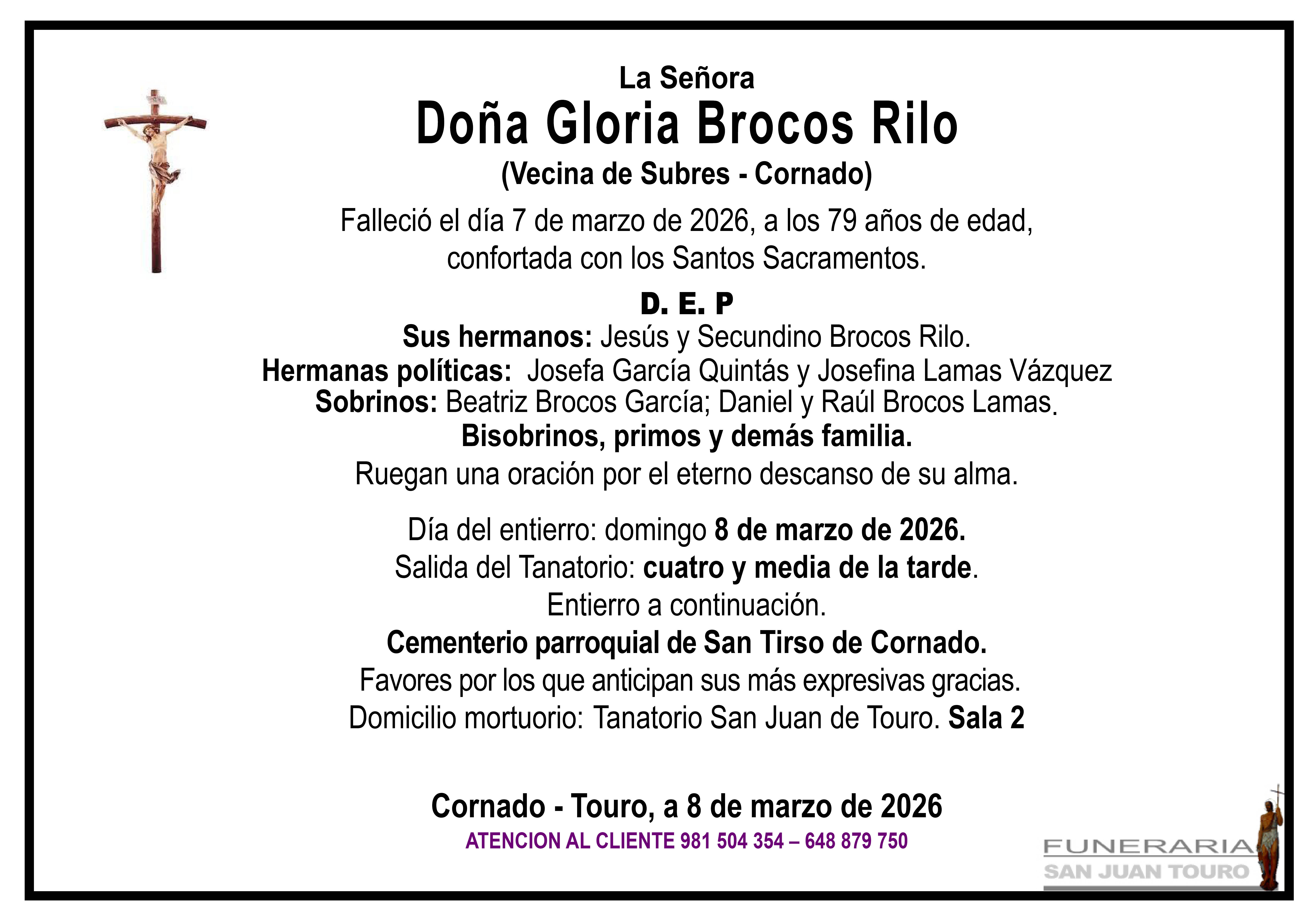 Esquela de SEPELIO DE DOÑA GLORIA BROCOS RILO