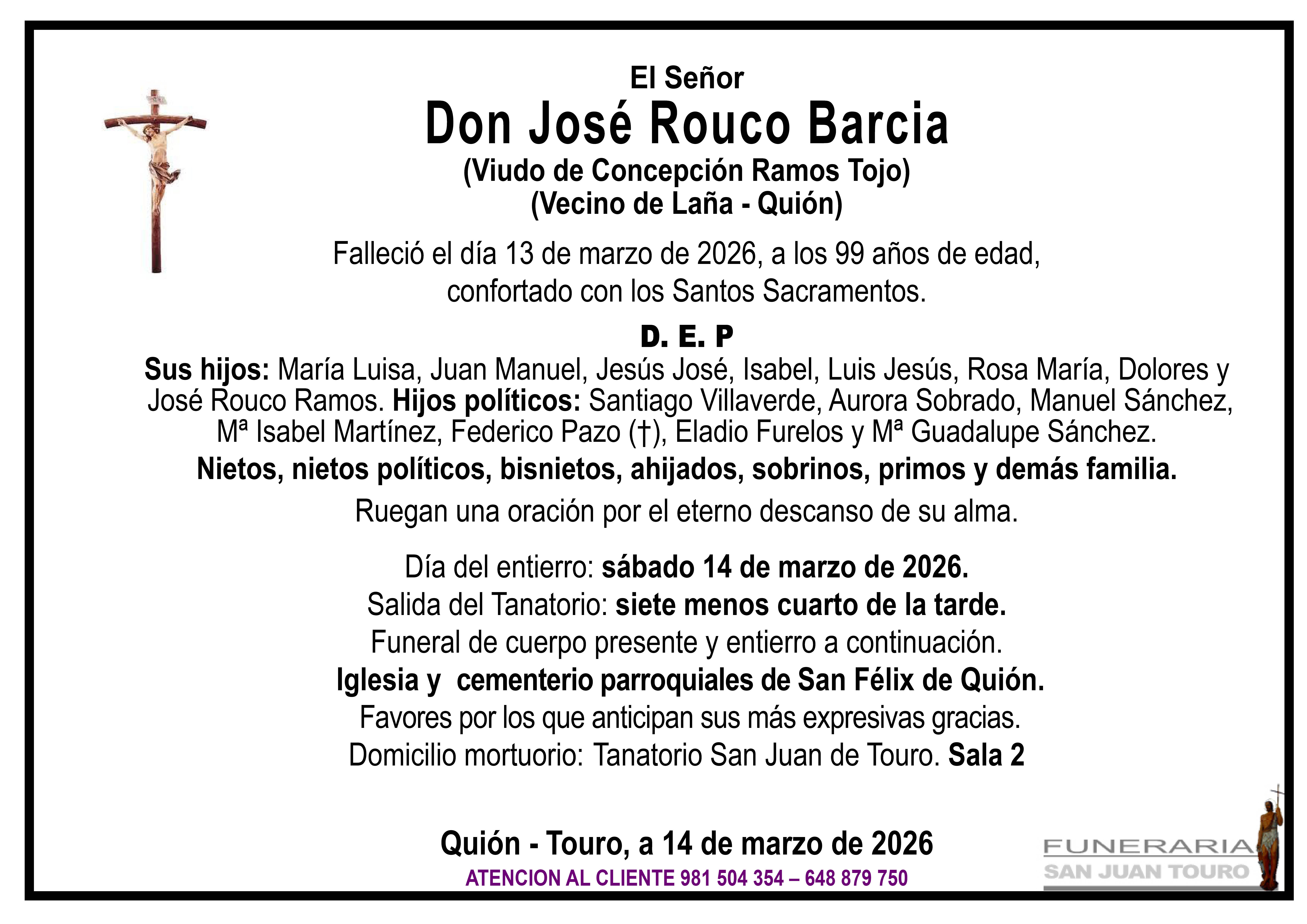 Esquela de SEPELIO DE DON JOSÉ ROUCO BARCIA