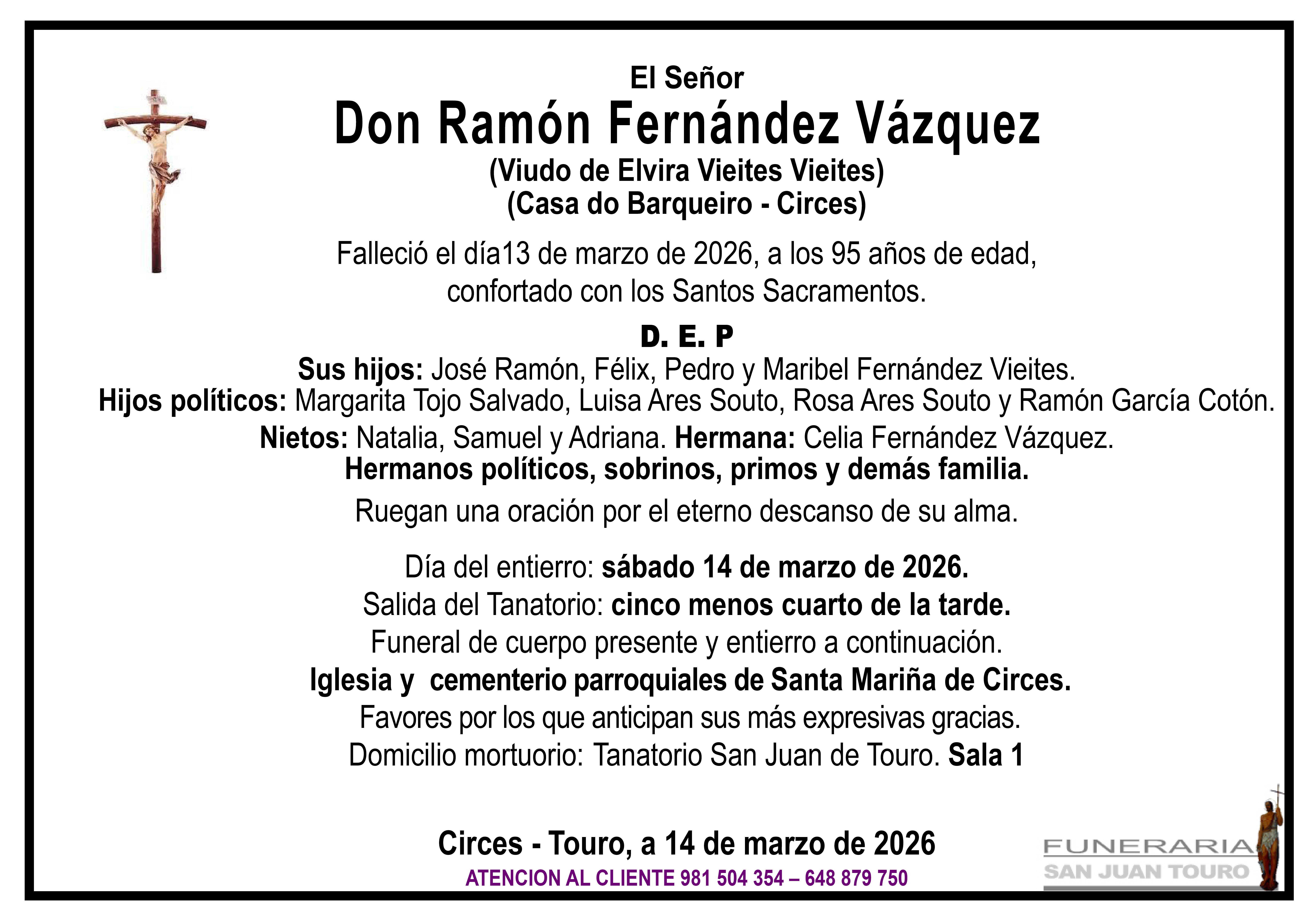 Esquela de SEPELIO DE DON RAMÓM FERNÁNDEZ VÁZQUEZ