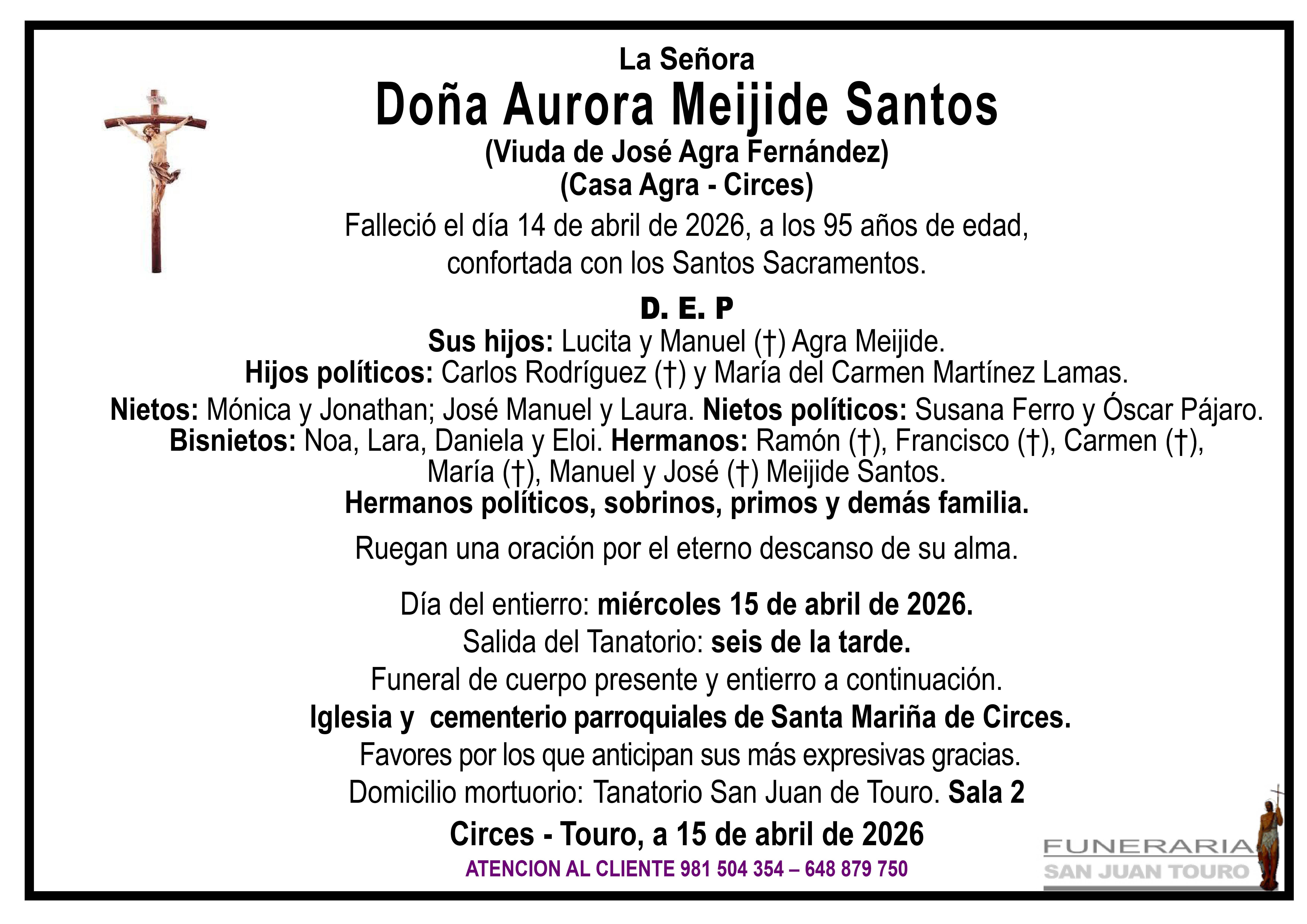 Esquela de SEPELIO DE DOÑA AURORA MEIJIDE SANTOS
