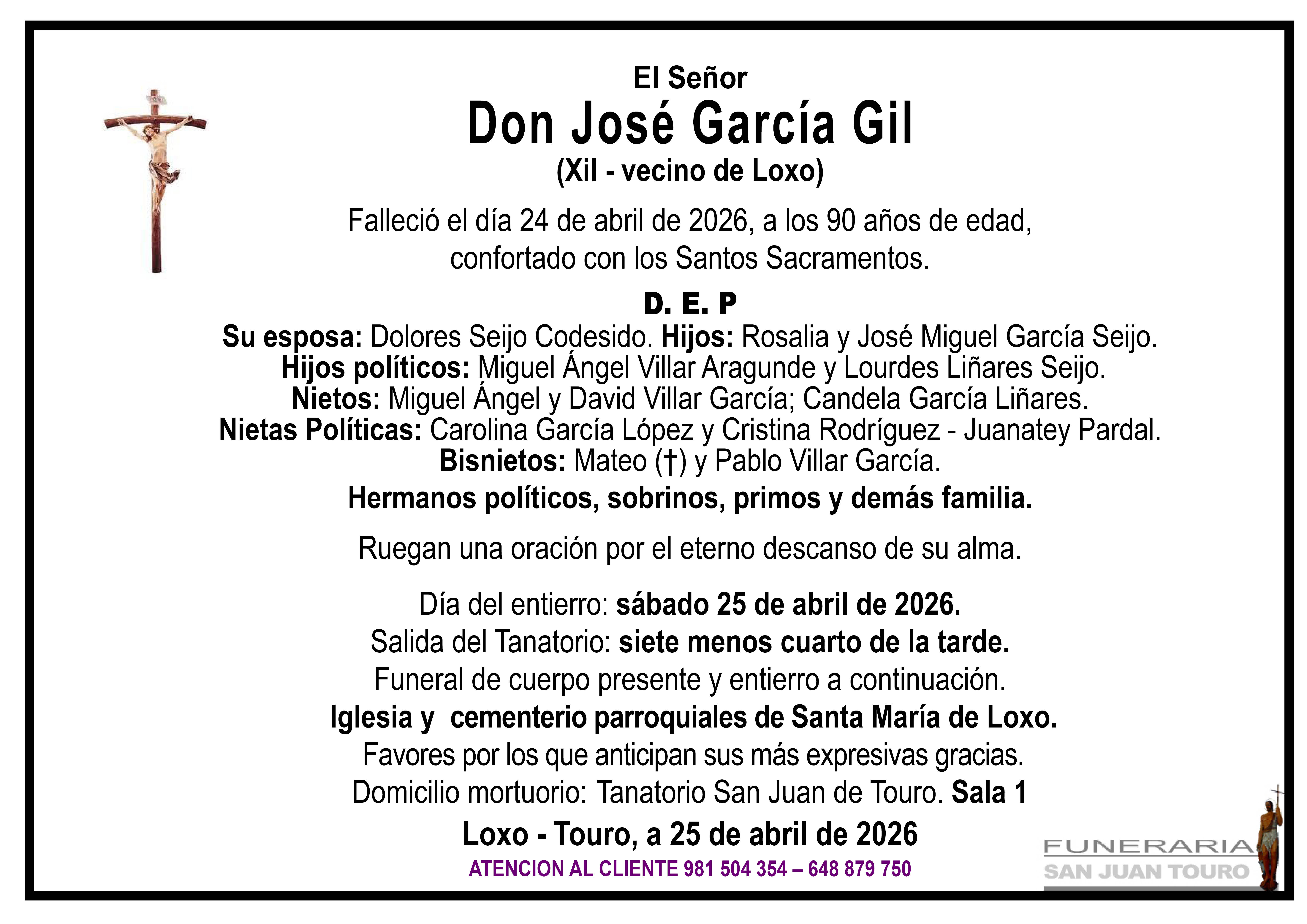 Esquela de SEPELIO DE DON JOSÉ GARCÍA GIL