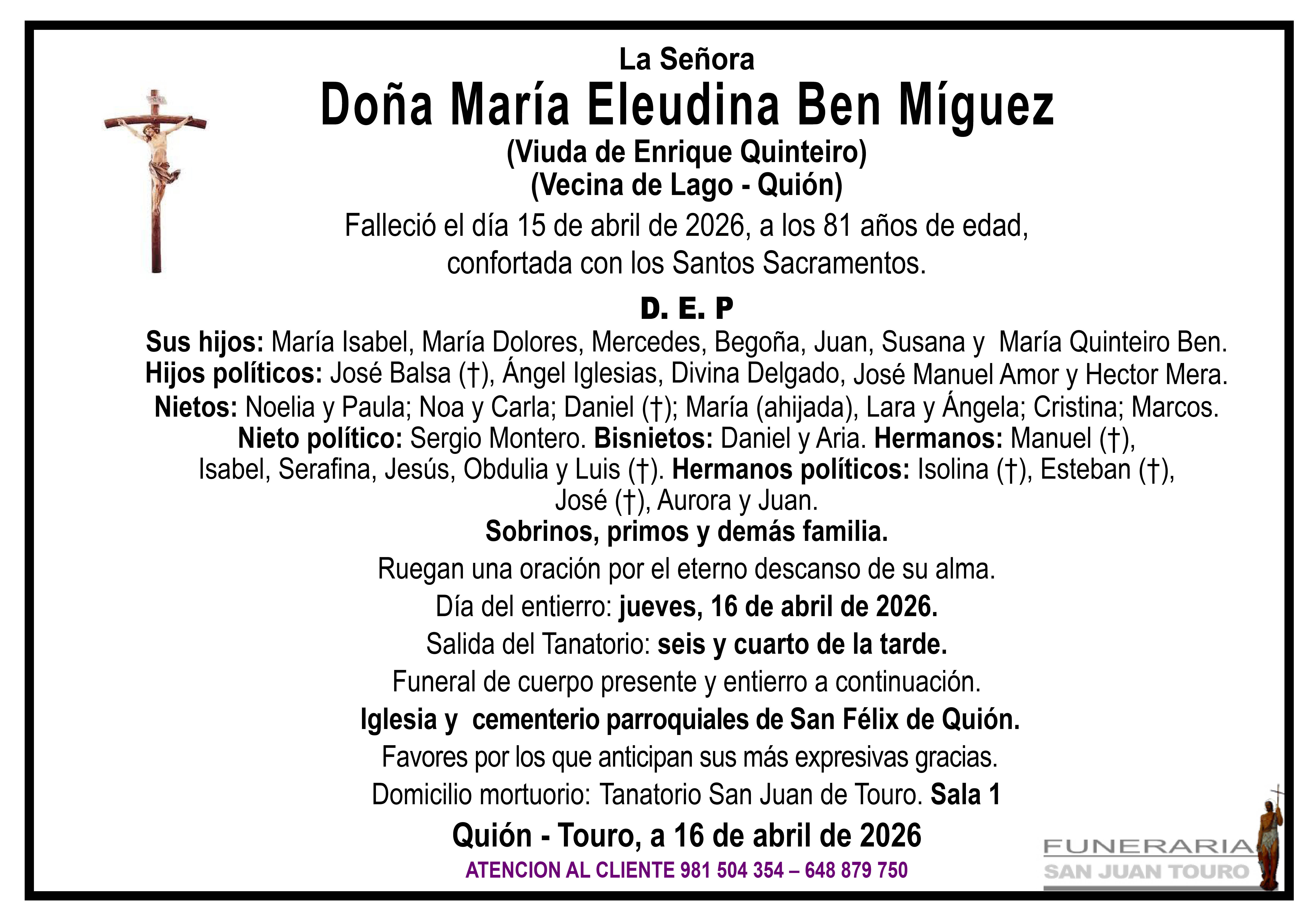 Esquela de MARÍA ELEUDINA BEN MÍGUEZ