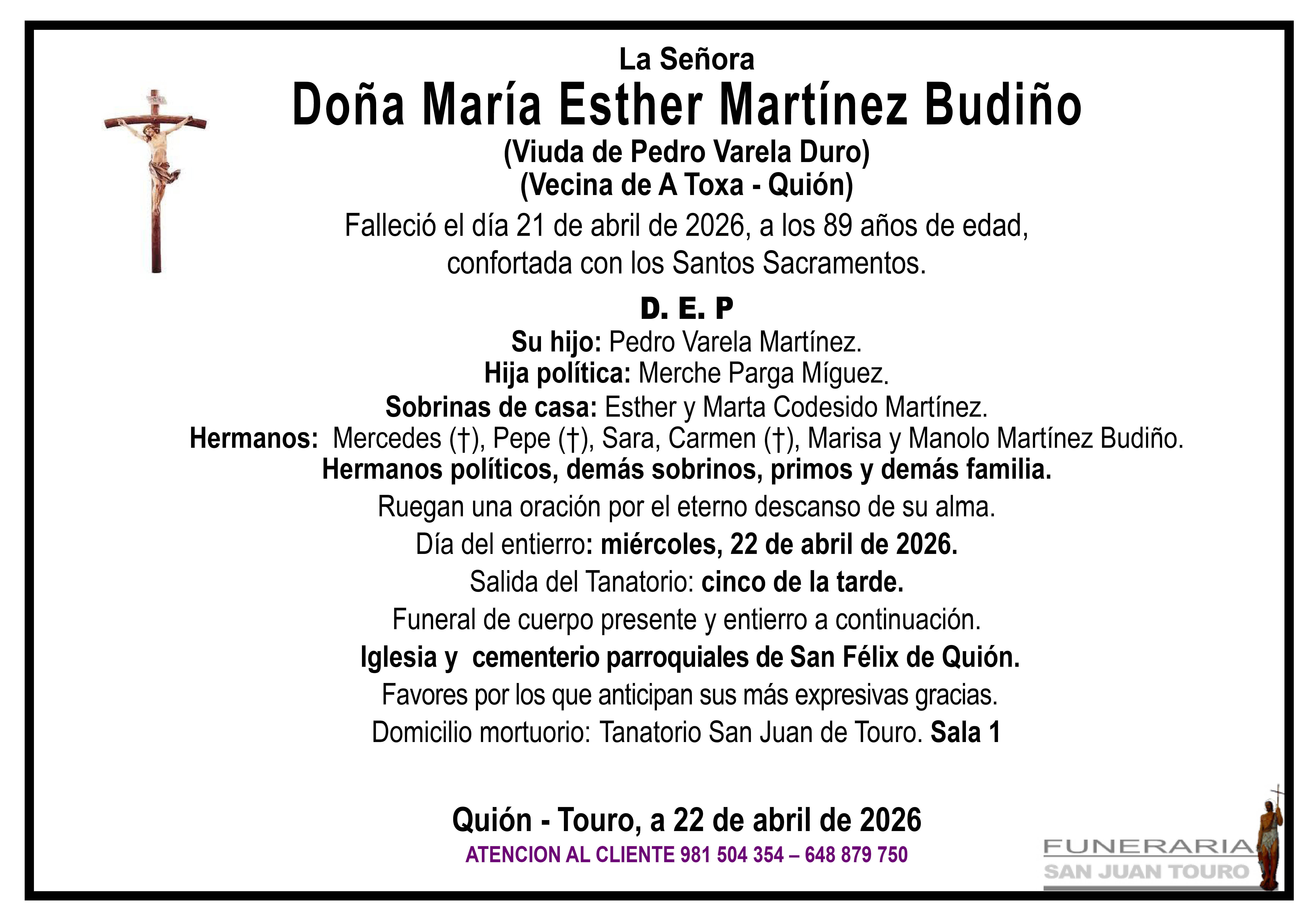 Esquela de SEPELIO DE DOÑA MARÍA ESTHER MARTÍNEZ BUDIÑO