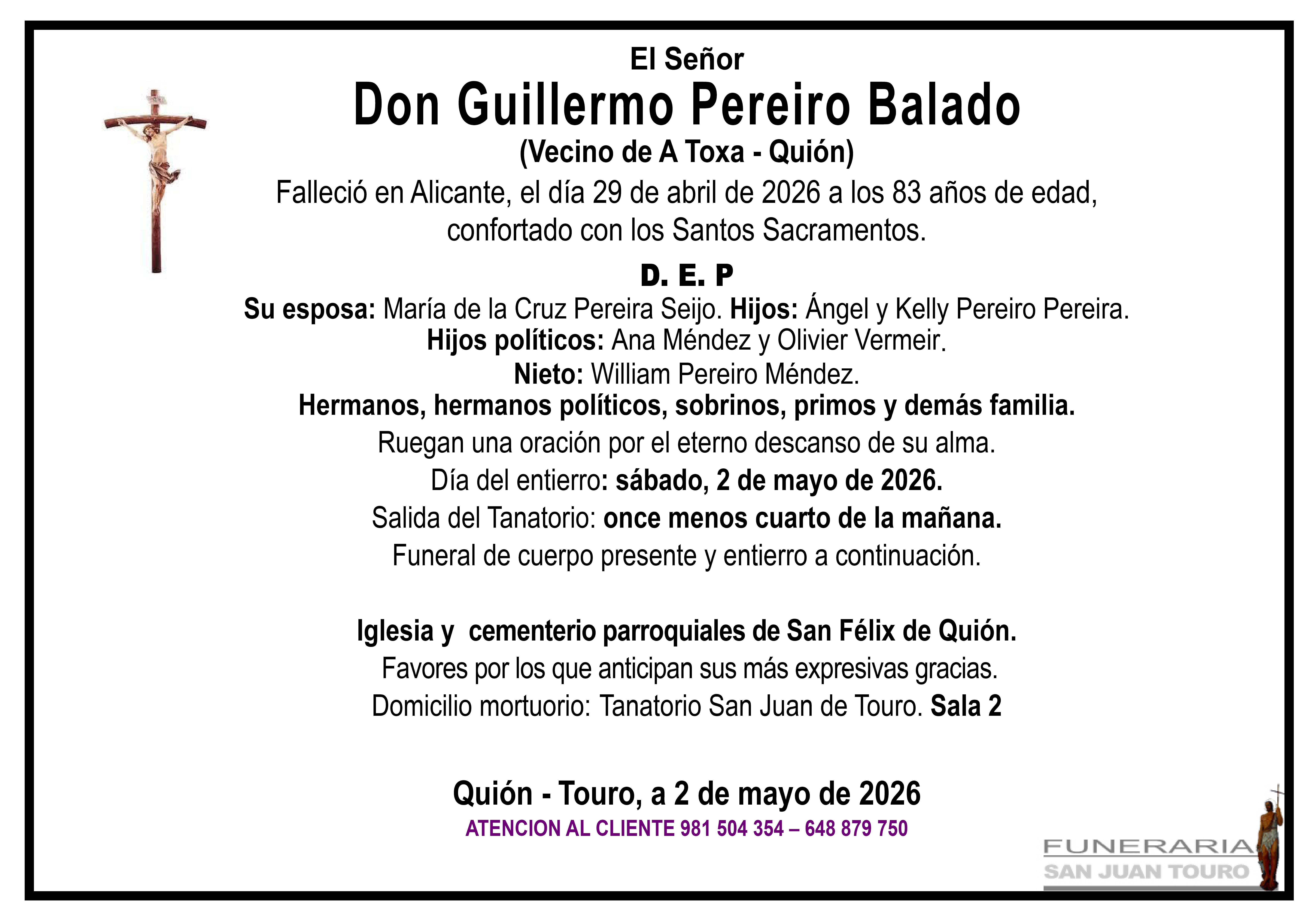 Esquela de SEPELIO DE DON GUILLERMO PEREIRO BALADO