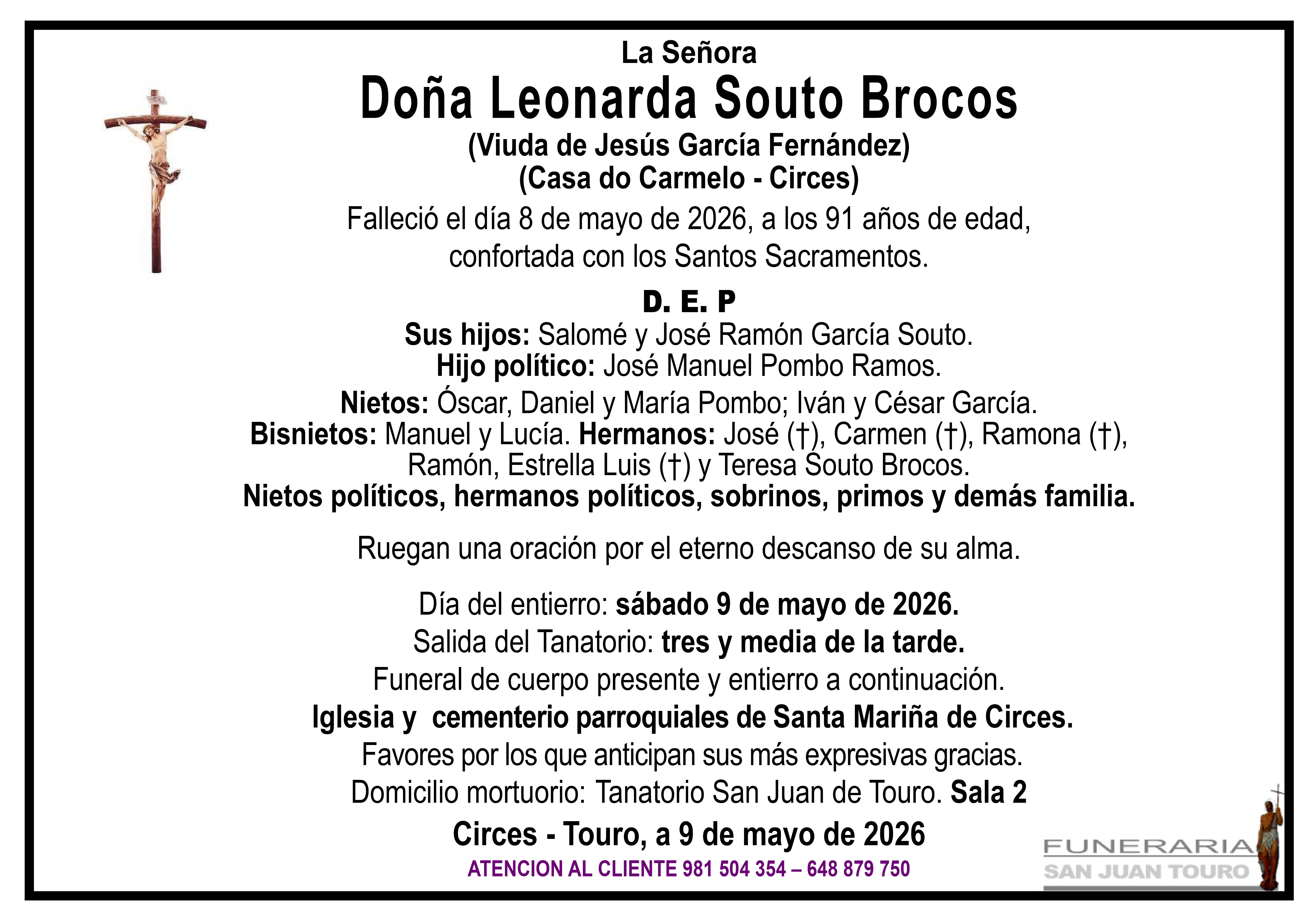 Esquela de SEPELIO DE DOÑA LEONARDA SOUTO BROCOS