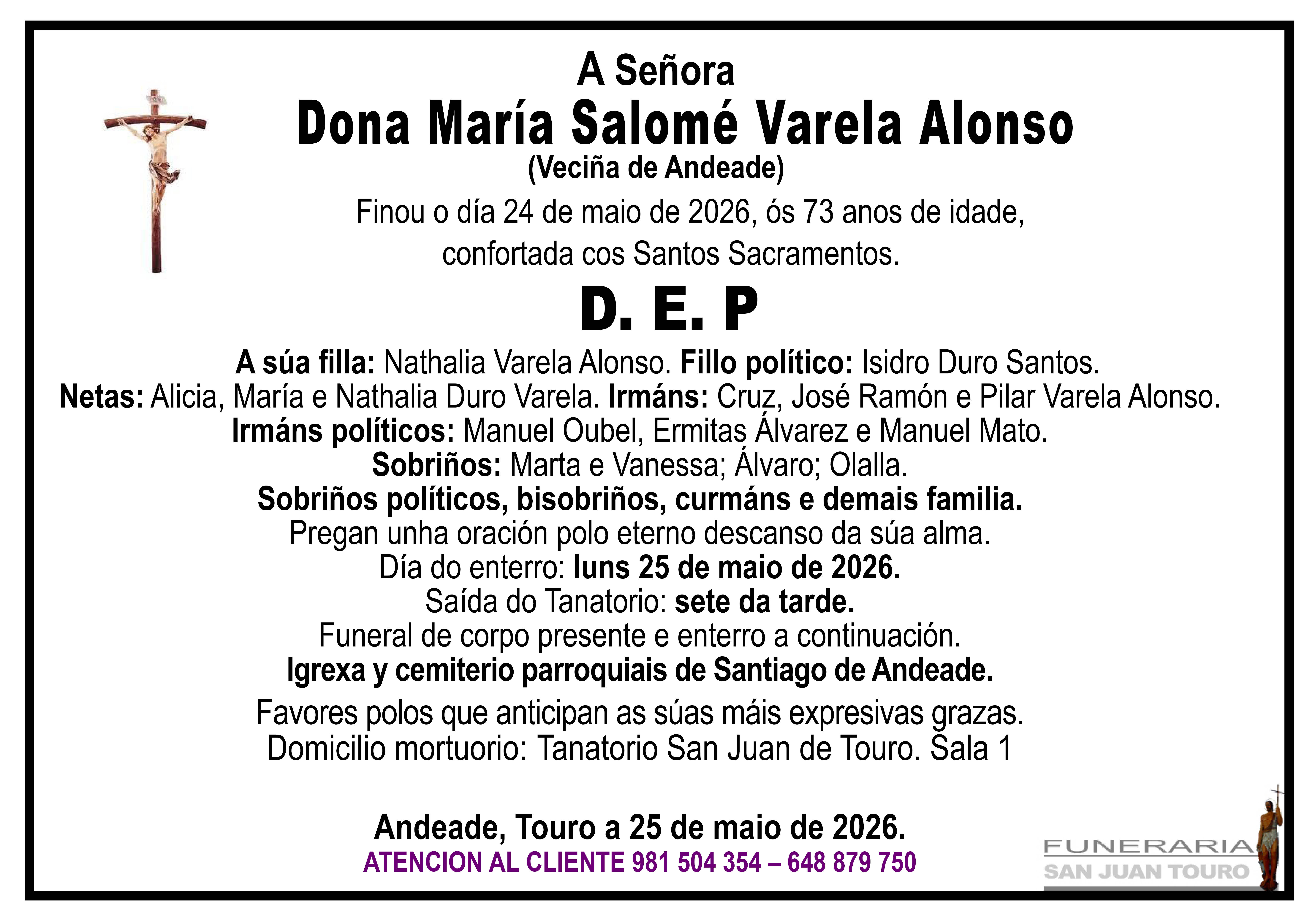 Esquela de SEPELIO DE DONA MARÍA SALOMÉ VARELA ALONSO