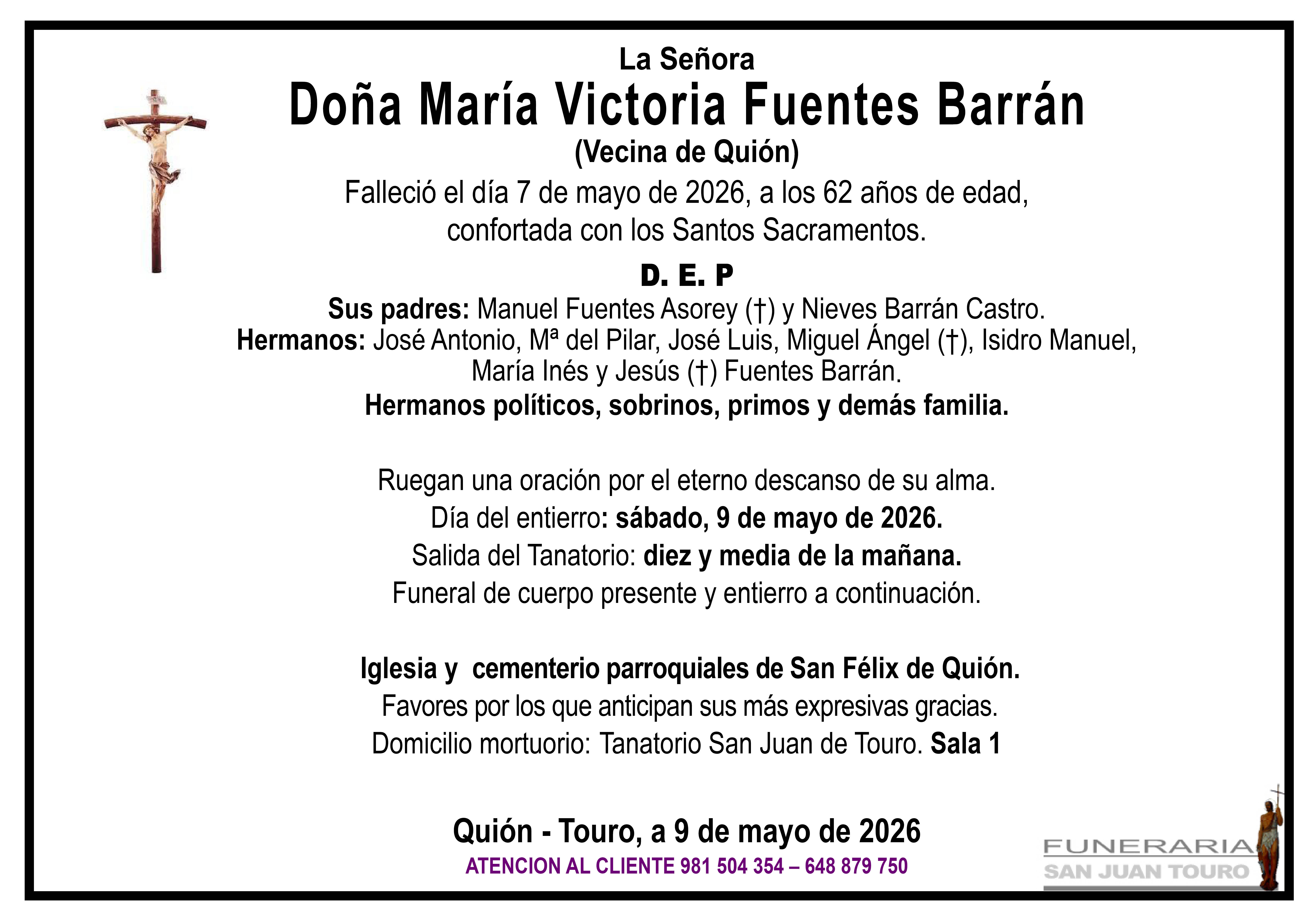 Esquela de SEPELIO DE DOÑA Mª VICTORIA FUENTES BARRÁN