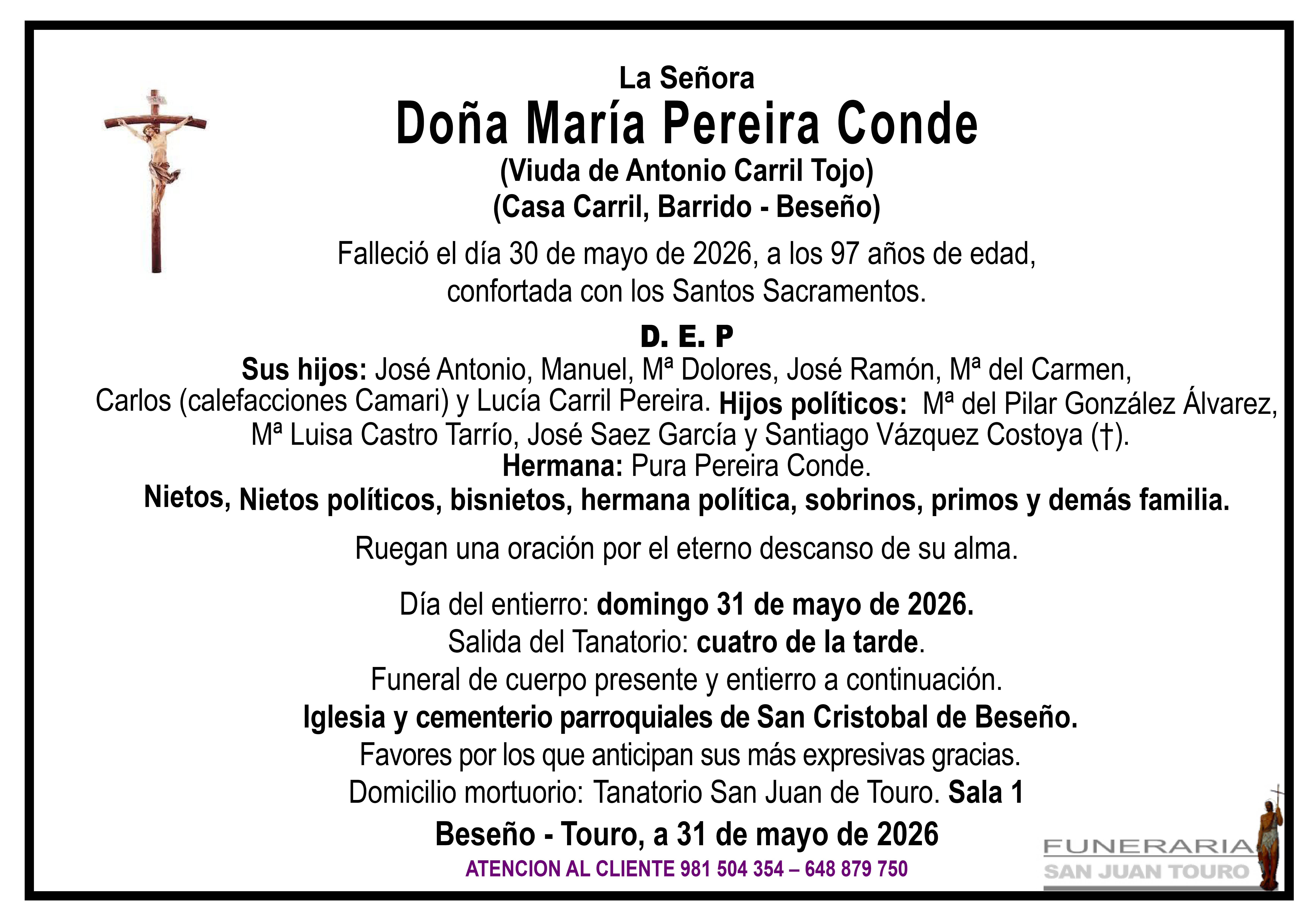 Esquela de SEPELIO DE DOÑA MARÍA PEREIRA CONDE
